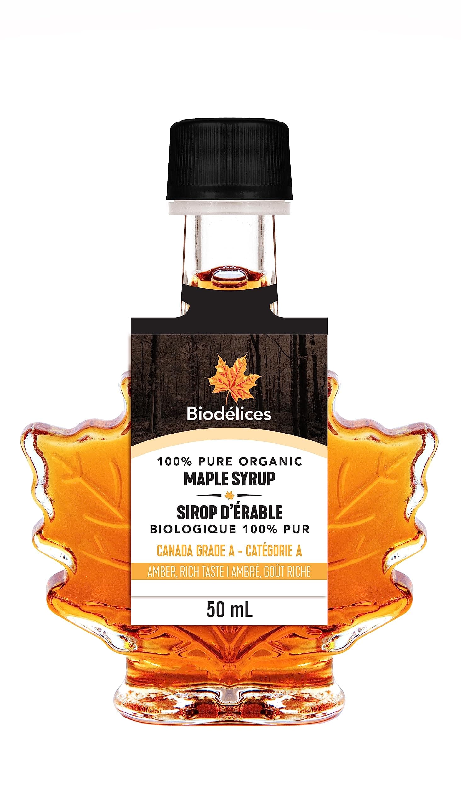 100% Pure Organic Maple Syrup - Premium Grade A - Quebec's Finest in Elegant Maple Leaf Bottle from Biodélices (1.69 Fl Oz (Pack of 1), Maple (CA GRADE A))