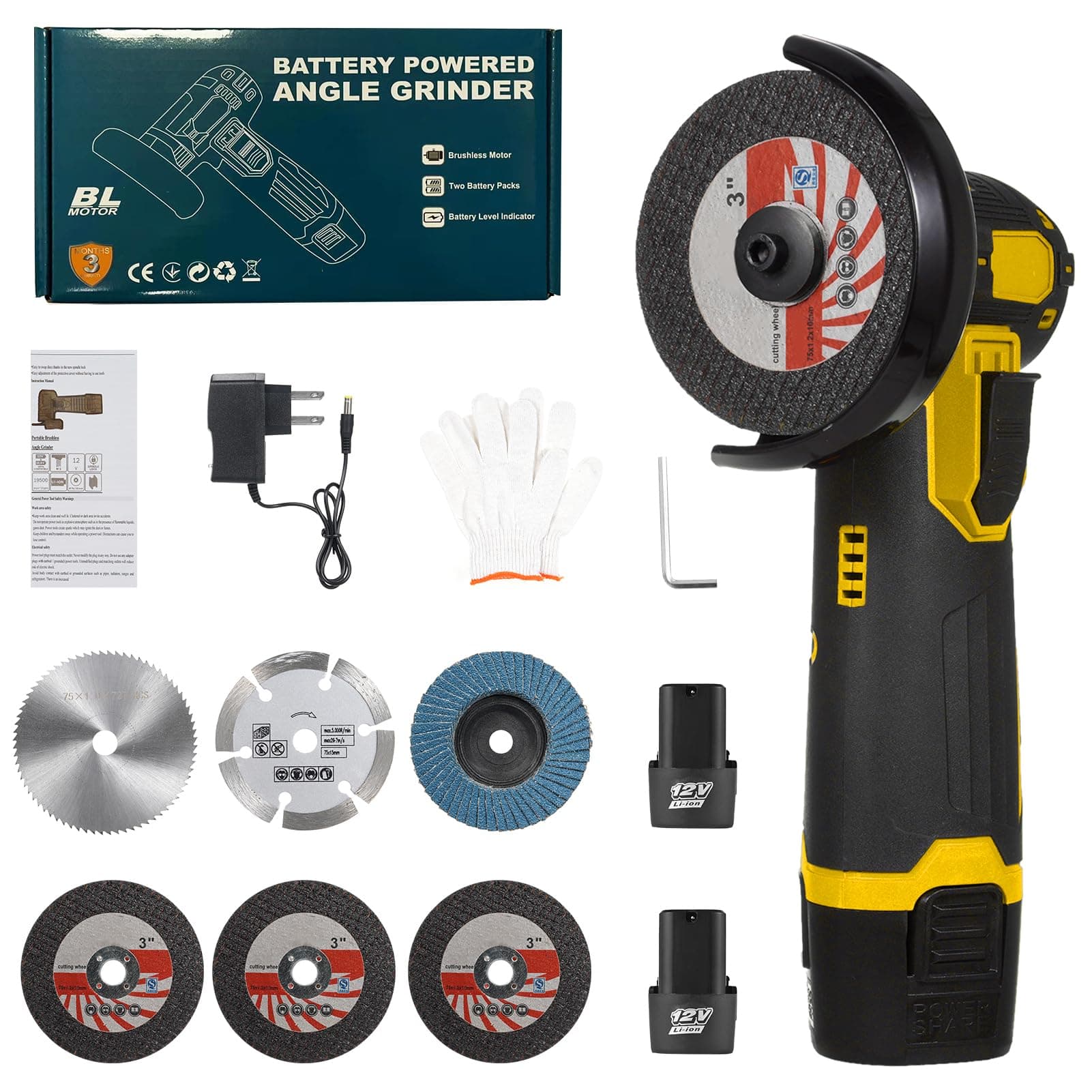 Cordless Brushless Angle Grinder Kit, Grinding Disc 3in/76mm, 19500rpm Mini Lightweight Electric Grinding Tool Handheld Cutter with 2 PCS 12V1500mAh Batteries & 6PCS Cutting Discs