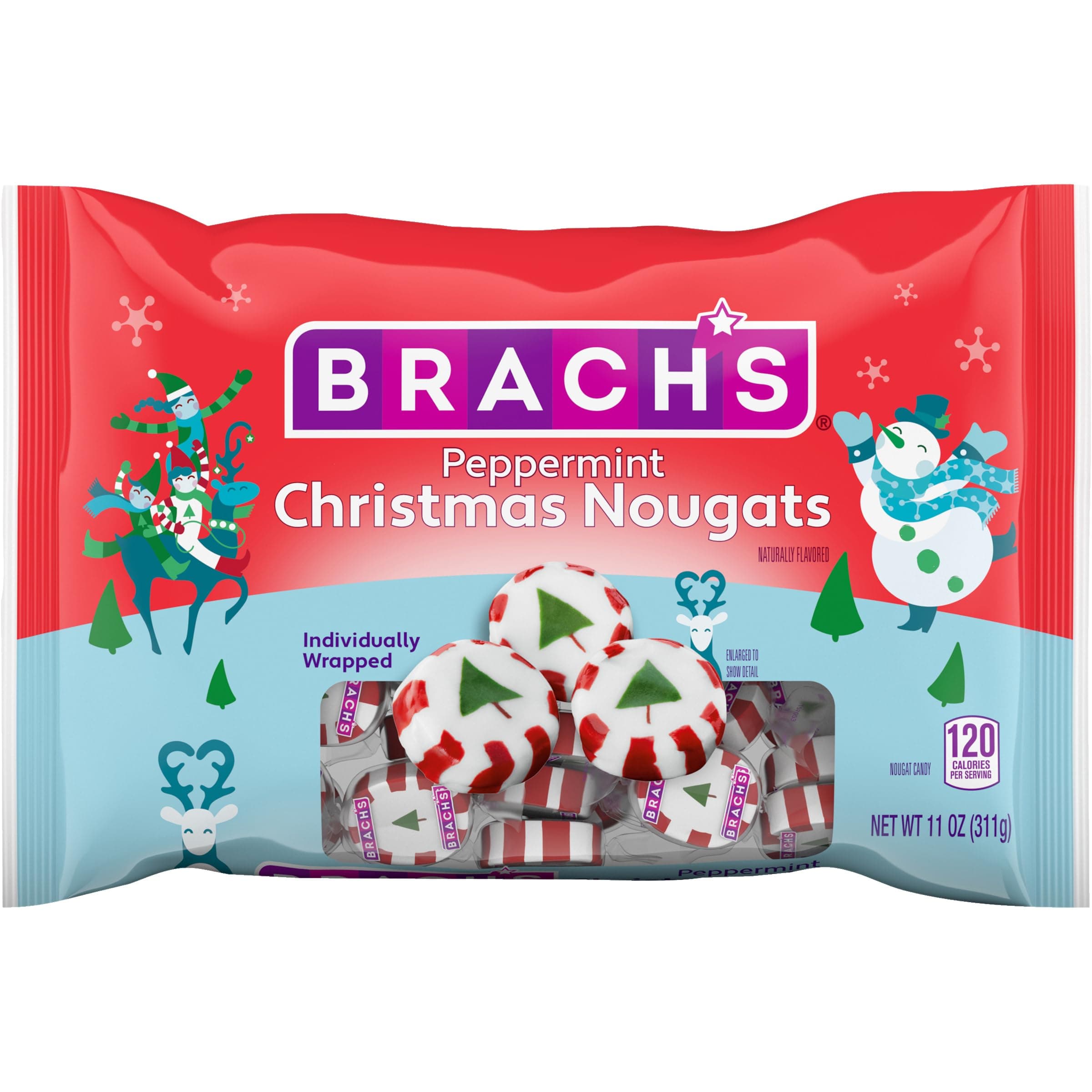 Brach's Peppermint Christmas Nougats, Individually Wrapped Mixed Flavors, Christmas Candy, 11 oz