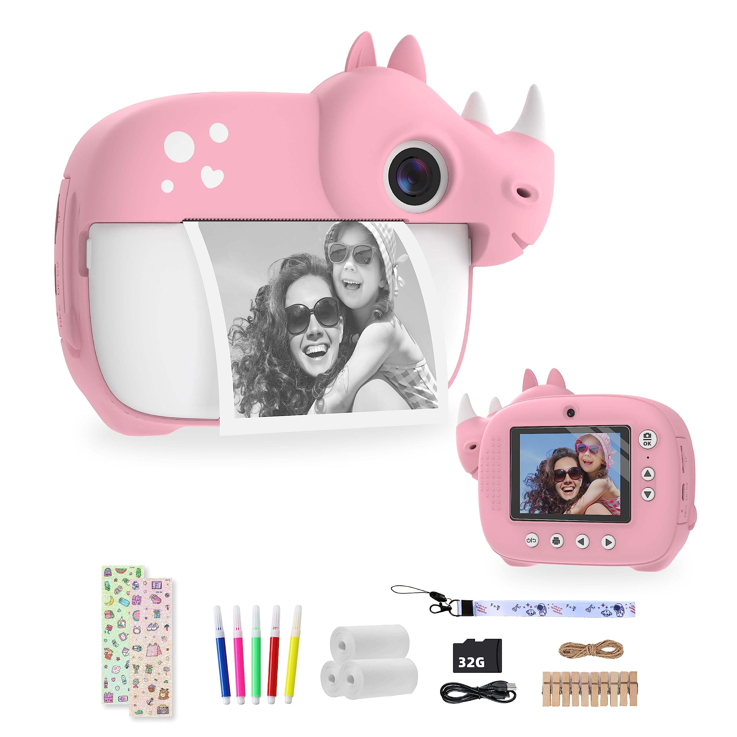 Kids Camera Instant Print, 1080P HD Kids Digital Camera for Boys Girls with Print Paper & 32G TF Card, 10x Zoom Selfie & Video Camera with DIY Color Pens, Gift for Kids 3-12 Years Old (Pink)