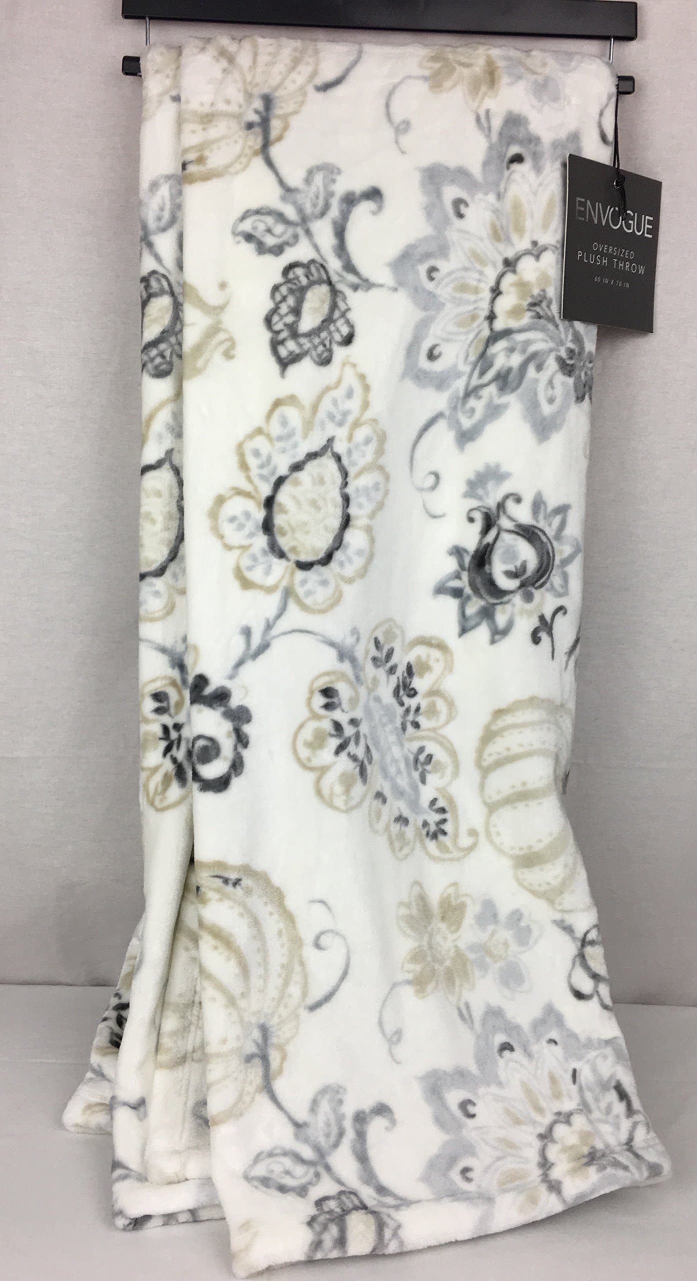 ENVOGUE Oversized Velvety Plush Throw Avignon Pumpkin for Autumn Fall Harvest Vines and Leaves on Ivory (Taupe Silver Grey)