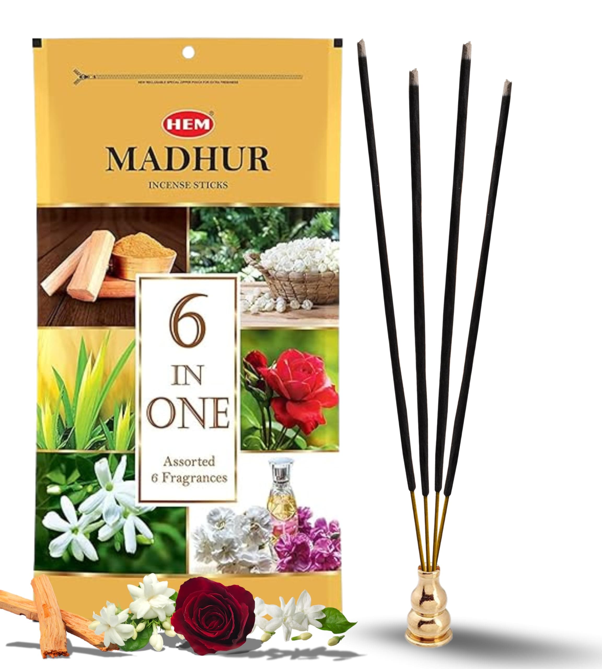 Hem Madhur Incense Sticks | 6-in-1 Assorted Fragrances (Sandal, Mogra, Jasmine, Kewda, Rose, Intimate) | Long Burning Time (35-40 Minutes) | Zip Pouch Packaging |Approx 184 Sticks | Pack of 2 (480g)