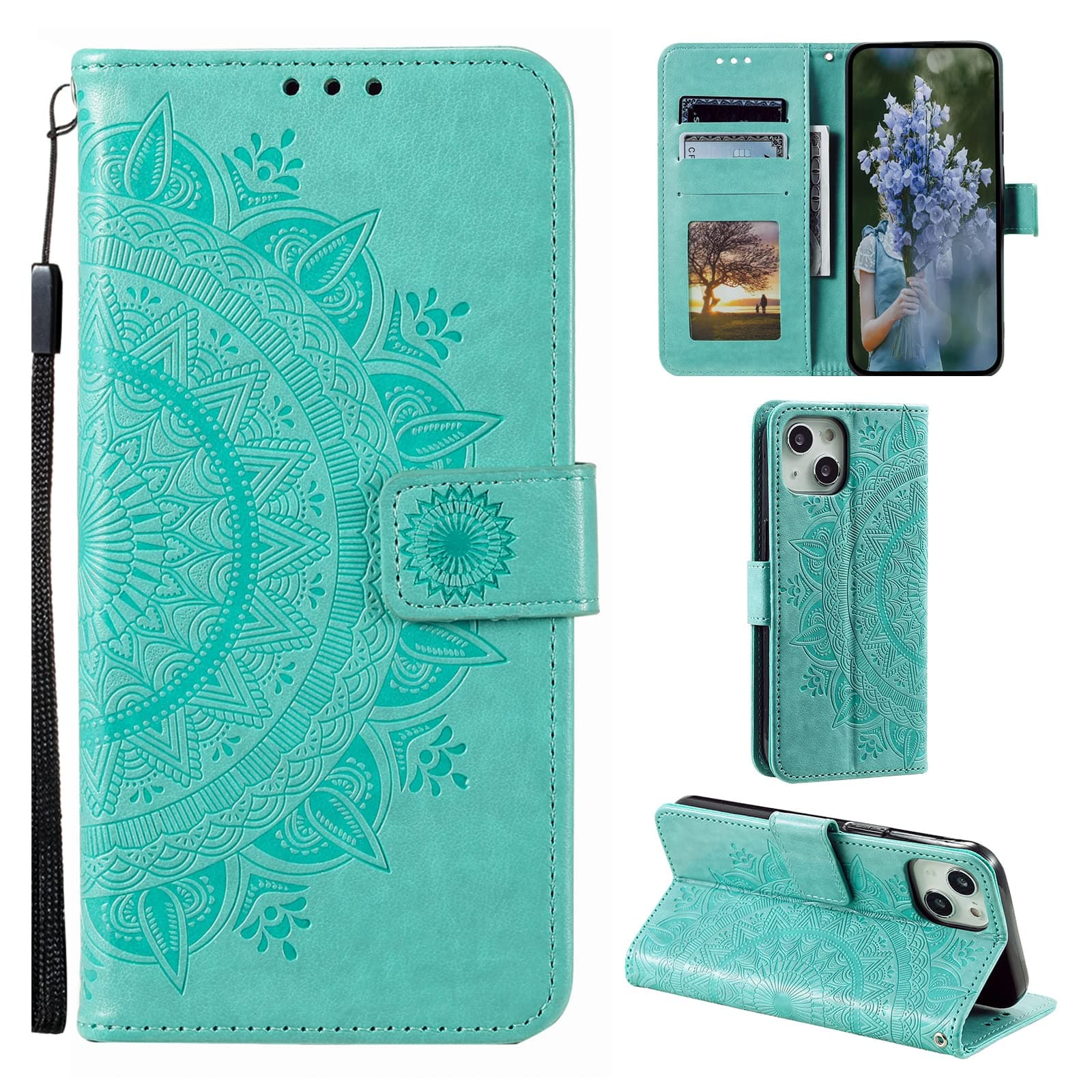 EYZUTAK Mandala Phone Cover for iPhone 14 Plus, Ultra Slim Flip Case with Card Slot, Magnetic Closure, Embossing PU Leather Case with Stand Function and Lanyard, Foldable Motif - Green