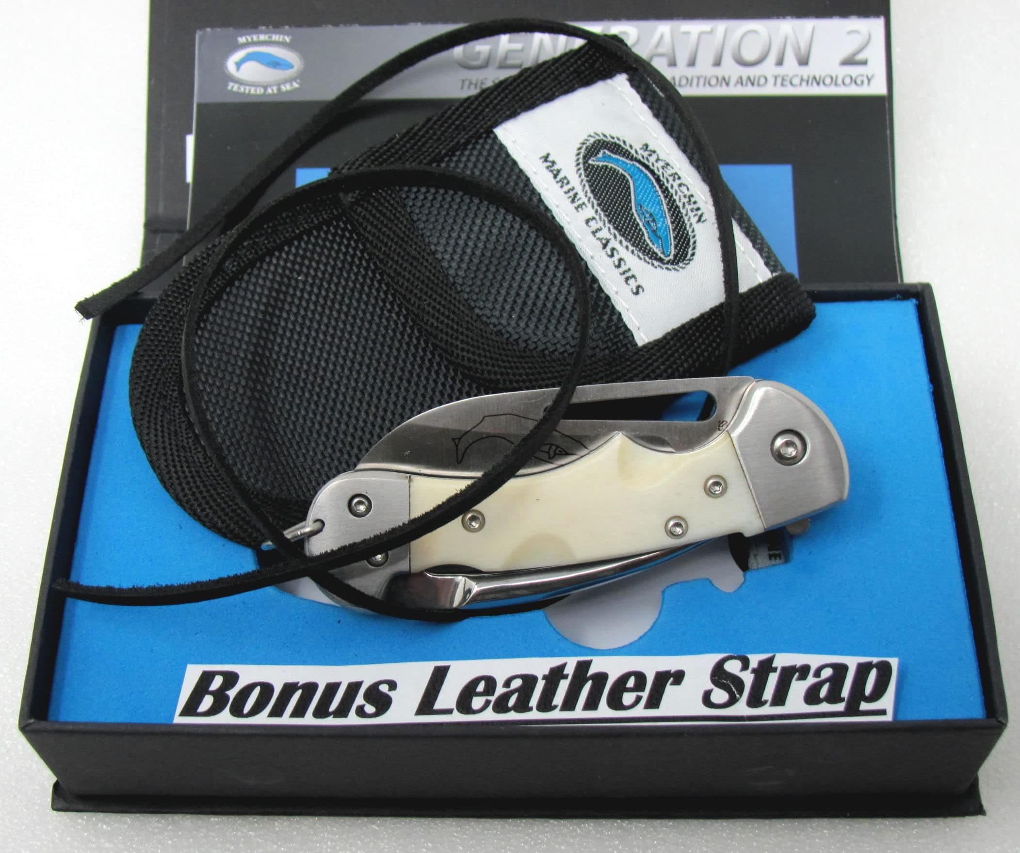 Myerchin Tested at Sea Knives AF377P Generation 2 Bone Handle Crew Professsional Deckhand Rigging Knife BONUS LEATHER LANYARD STRAP CUCHILLO