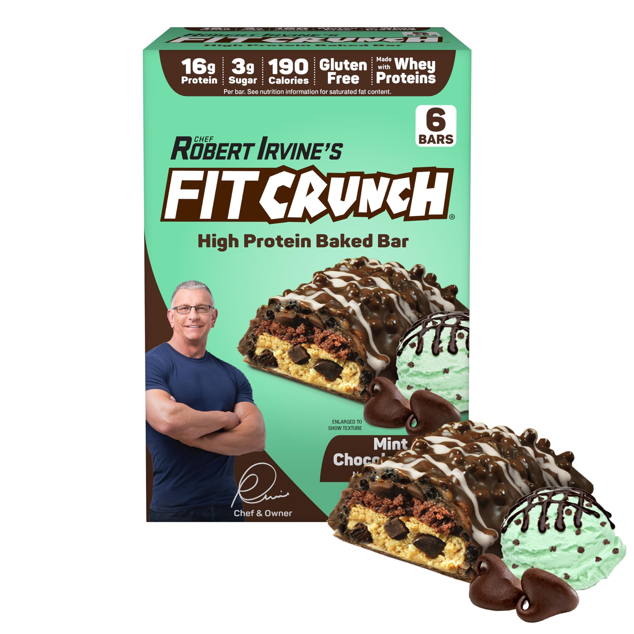 Fit Crunch FITCRUNCH Snack Size Protein Bars, Designed by Robert Irvine, World's Only 6-Layer Baked Bar, Just 3g of Sugar & Soft Cake Core (Mint Chocolate Chip), KMH-146