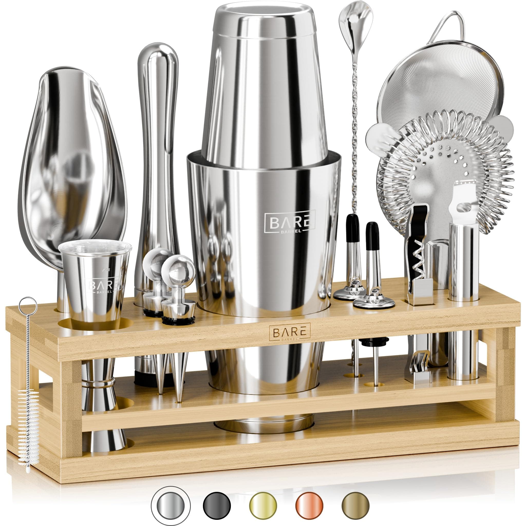 BARE BARREL® Mixology Bartender Kit Bar Set | 16-Piece Cocktail Shaker Set | Martini Barware Mixing Tools for Home Bartending | Incl. 35 Recipe Cards | Gift Set (28oz Boston Shaker, Silver/Natural)