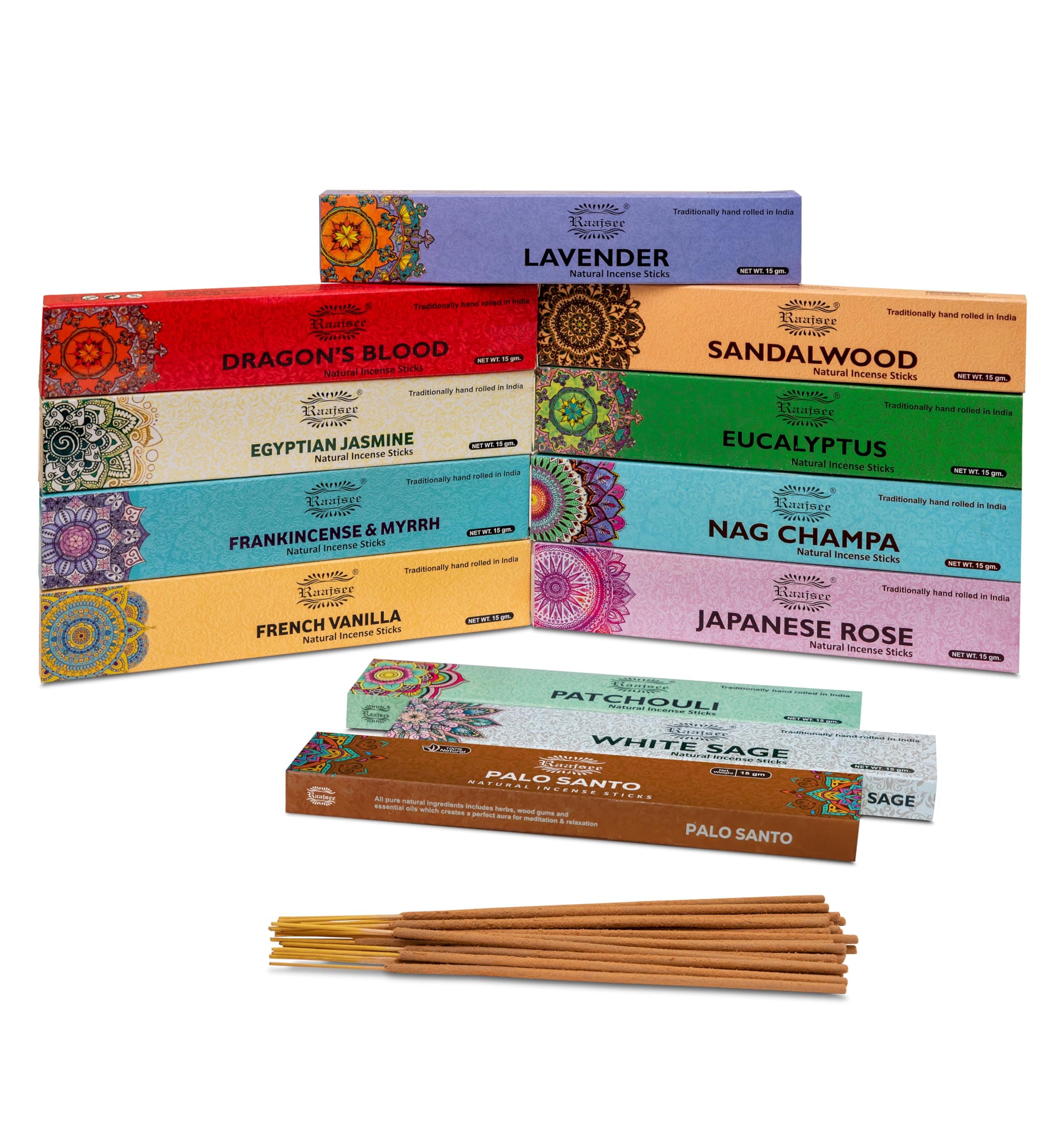 Raajsee Incense Sticks Assorted Pack (180 gm), 100% Pure Organic Natural Hand Rolled Free from Chemicals - Perfect for Aromatherapy, Cleansing, Meditation, and Church (12 Pack)