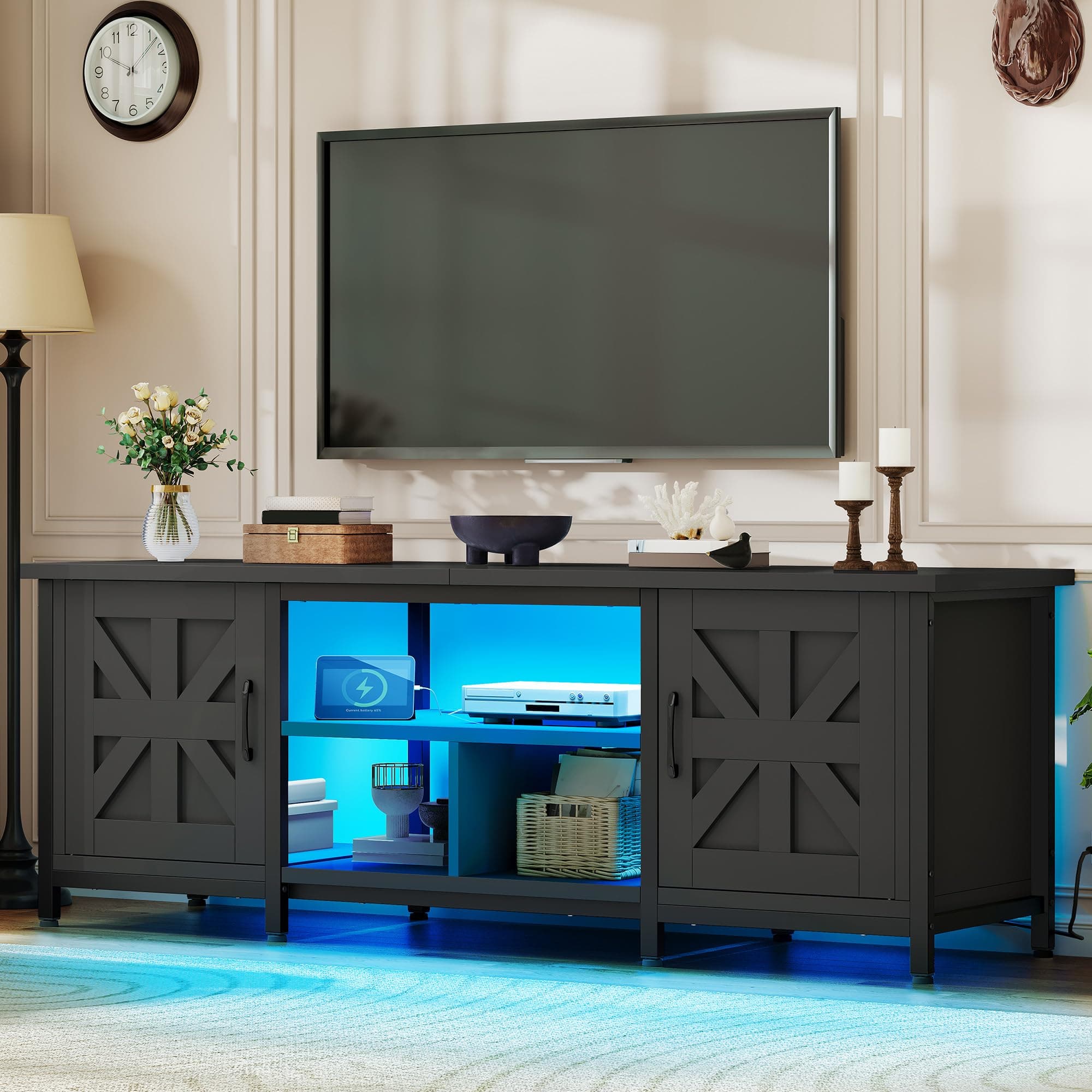 TV Stand with LED Lights & Charging Station, Farmhouse Entertainment Center with Storage Cabinets & Shelves, Cross-Pattern Doors, Fits TVs up to 70'', TV Consoles for Living Room, Black