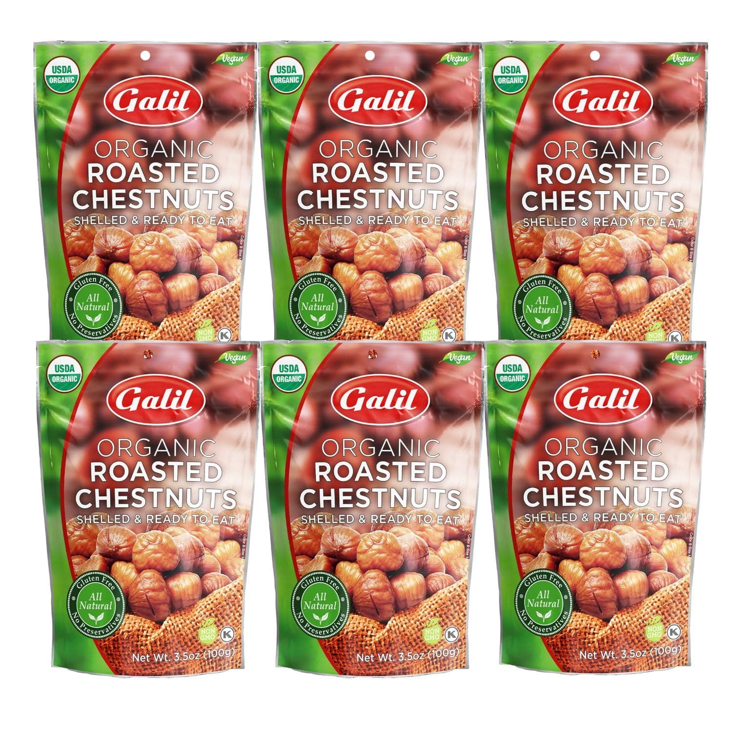 Galil Organic Roasted Chestnuts, Pack of 6, 3.5 oz Bags, Shelled Chestnut, Chestnuts Roasted Peeled