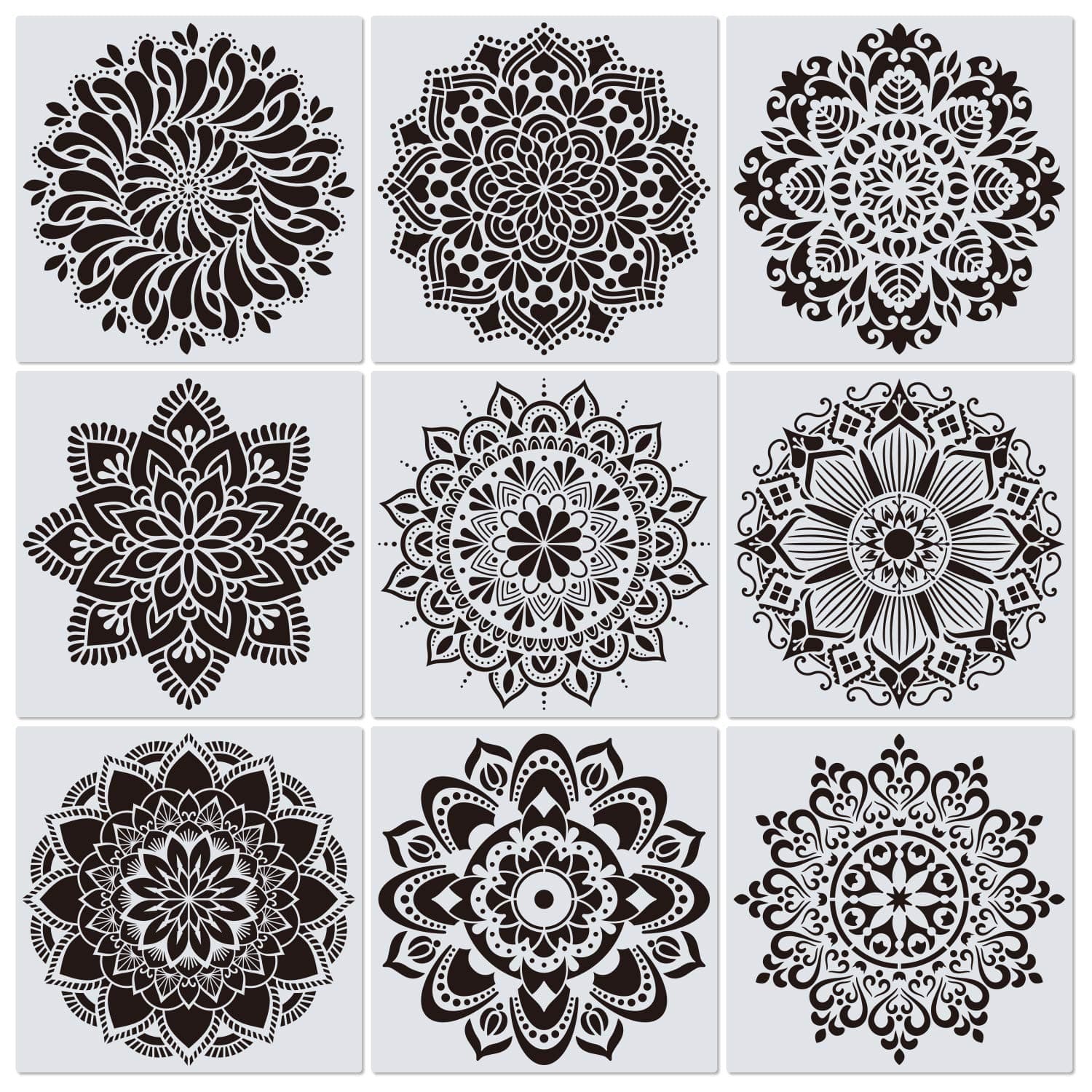 CZONG 9 Pack 12 X 12 Inch Large Rangoli Stencils Mandala Stencil Laser Cut Painting Template For Diy Art|Wall Stencil|Tile Stencil|Floor Stencils-Wall Stencils For Painting Large Pattern