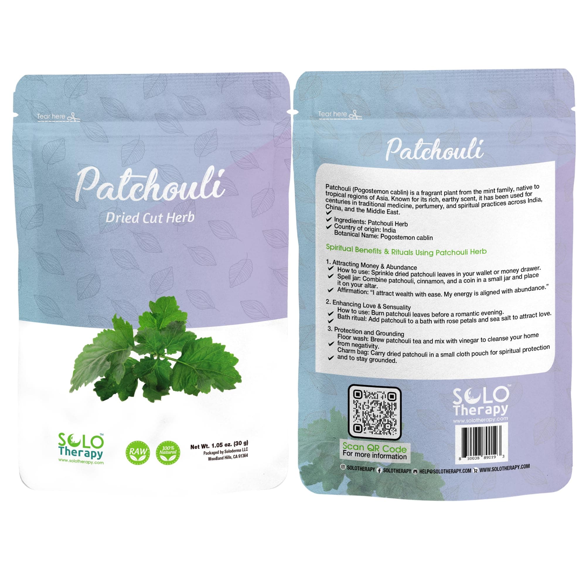 Solo Therapy Patchouli Herb 30 Grams, Resealable Bag, Pogostemon cablin, Rituals, Purifying, Metaphysical, Meditation, Cleansing, Altars, and Wicca, Patchouli Dried Herb - Product from India