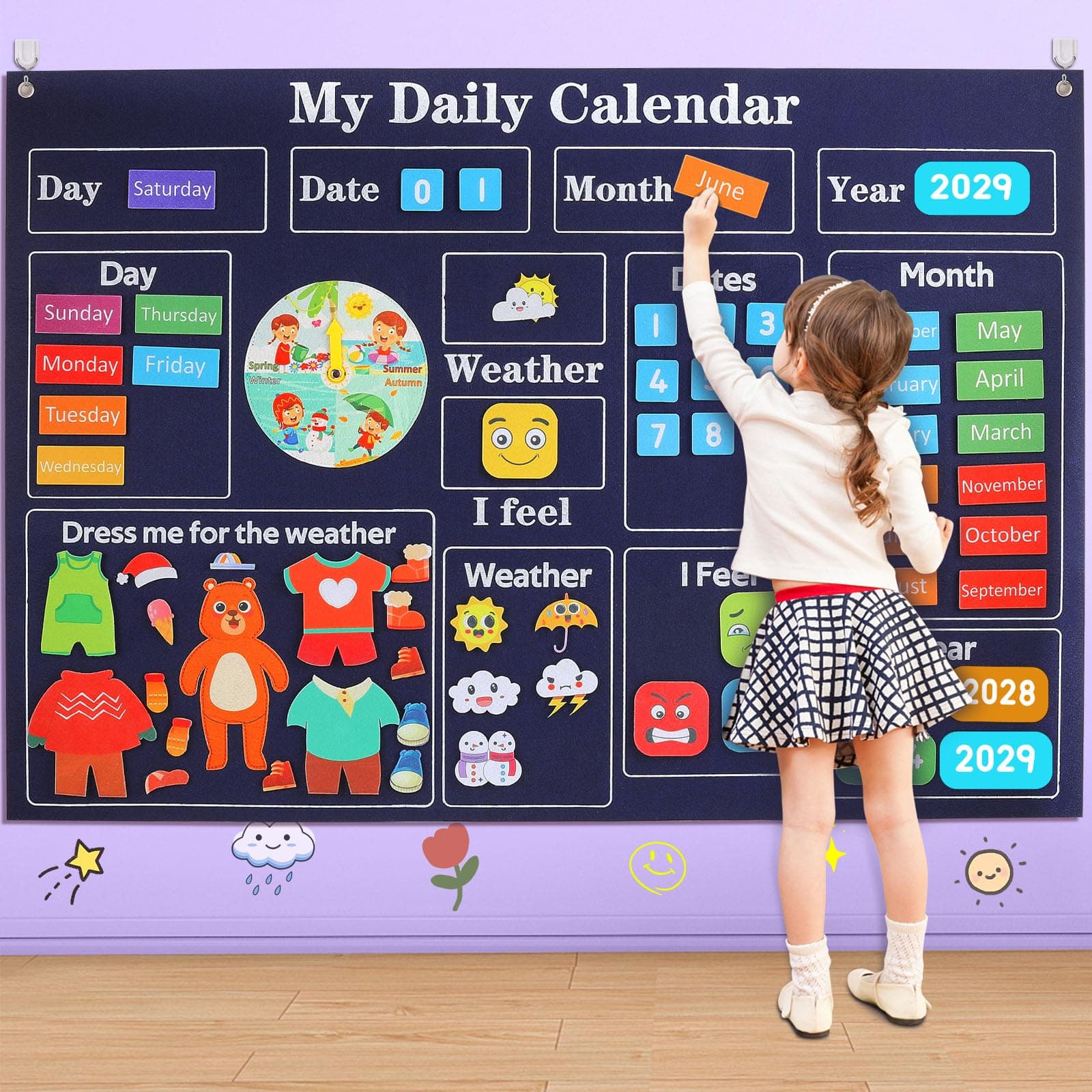 My First Daily Calendar-Preschool Classroom Must Haves, Circle Time Learning Center, Days of the Week Chart for Toddlers Learning, Classroom Calendar for Kids, 3.3Ft Felt Board for Toddlers