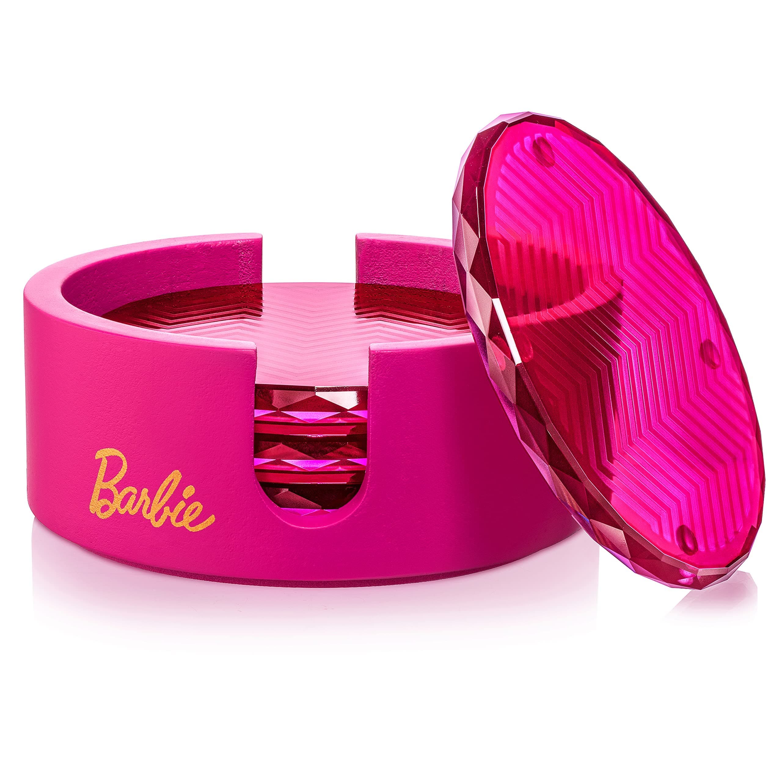 x Barbie Coasters with Holder - Pink Crystal Glass Coasters for Drinks Set of 4 - Lead-Free and Non-Slip Barware for Coffee Table