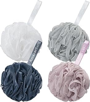 AmazerBath Loofah Sponge 75g/Piece, Exfoliating Bath Sponge Body Scrubber - Loofa Set of 4 Grey Blue-Pink-Grey-White (Large)