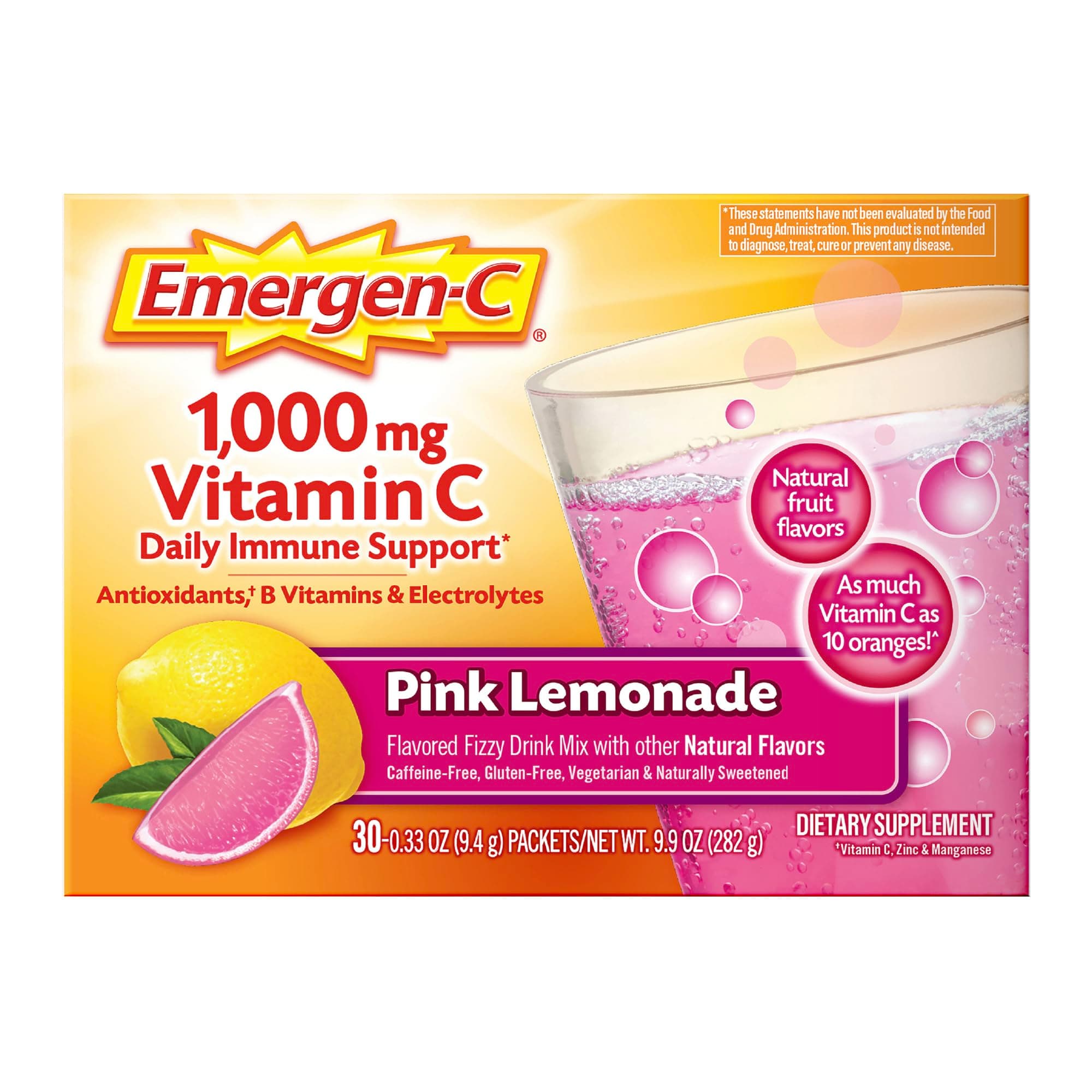 1000mg Vitamin C Powder, with Antioxidants, B Vitamins and Electrolytes, Immunity Supplements for Immune Support, Caffeine Free Fizzy Drink Mix, Pink Lemonade Flavor - 30 Count