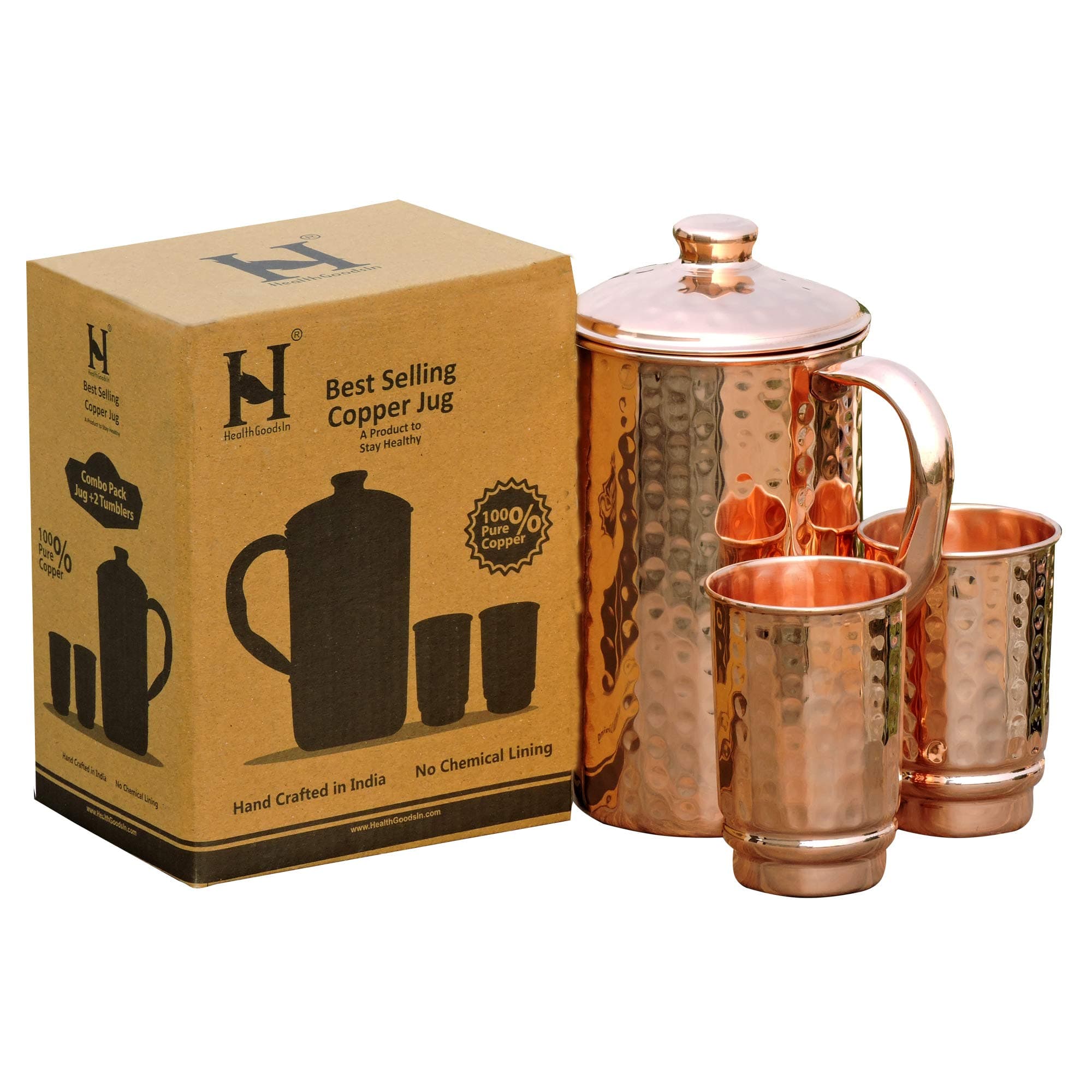 Pure Copper Hammered Water Jug with 2 Hammered Copper Tumblers | Copper Pitcher and Tumblers for Ayurveda Health Benefits
