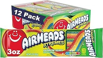 Airheads Xtremes Belts Candy, Chewy Candy Package, Rainbow Berry Fruit Flavor Artificially Flavored, 3 Ounces (12-Pack)
