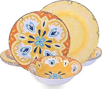 12 Piece Melamine Dinnerware Sets Service for 4 - Includes 4 Dinner Plates 4 Salad Plates and 4 Bowls Made of A5 Melamine Use at Home & Outdoor Dining, Picnic, Camping and Rvs - Mayan Style Yellow