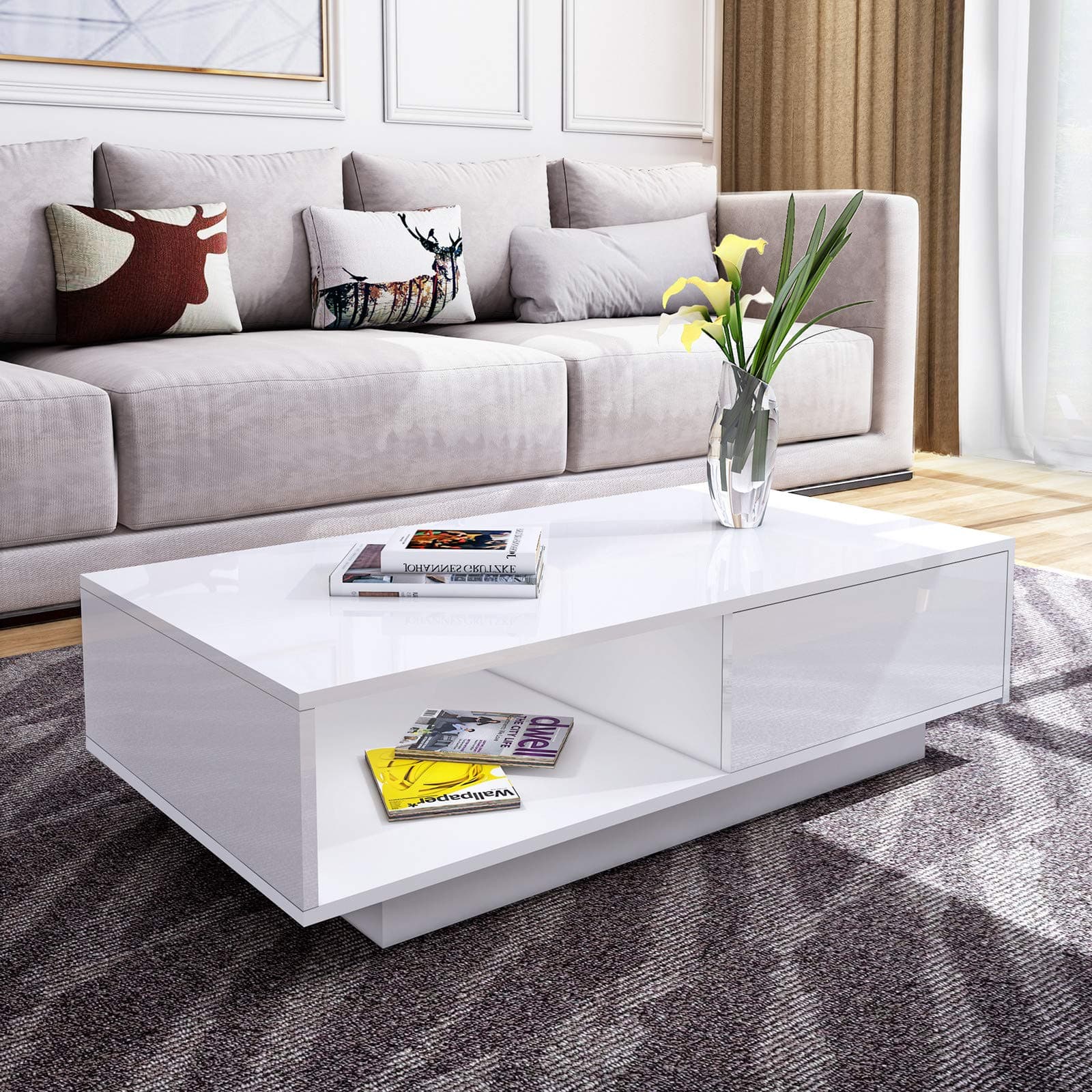 Modern Rectangle Coffee Table White High Gloss Coffee Table with 1 Storage Drawers & Shelf for Living Room …