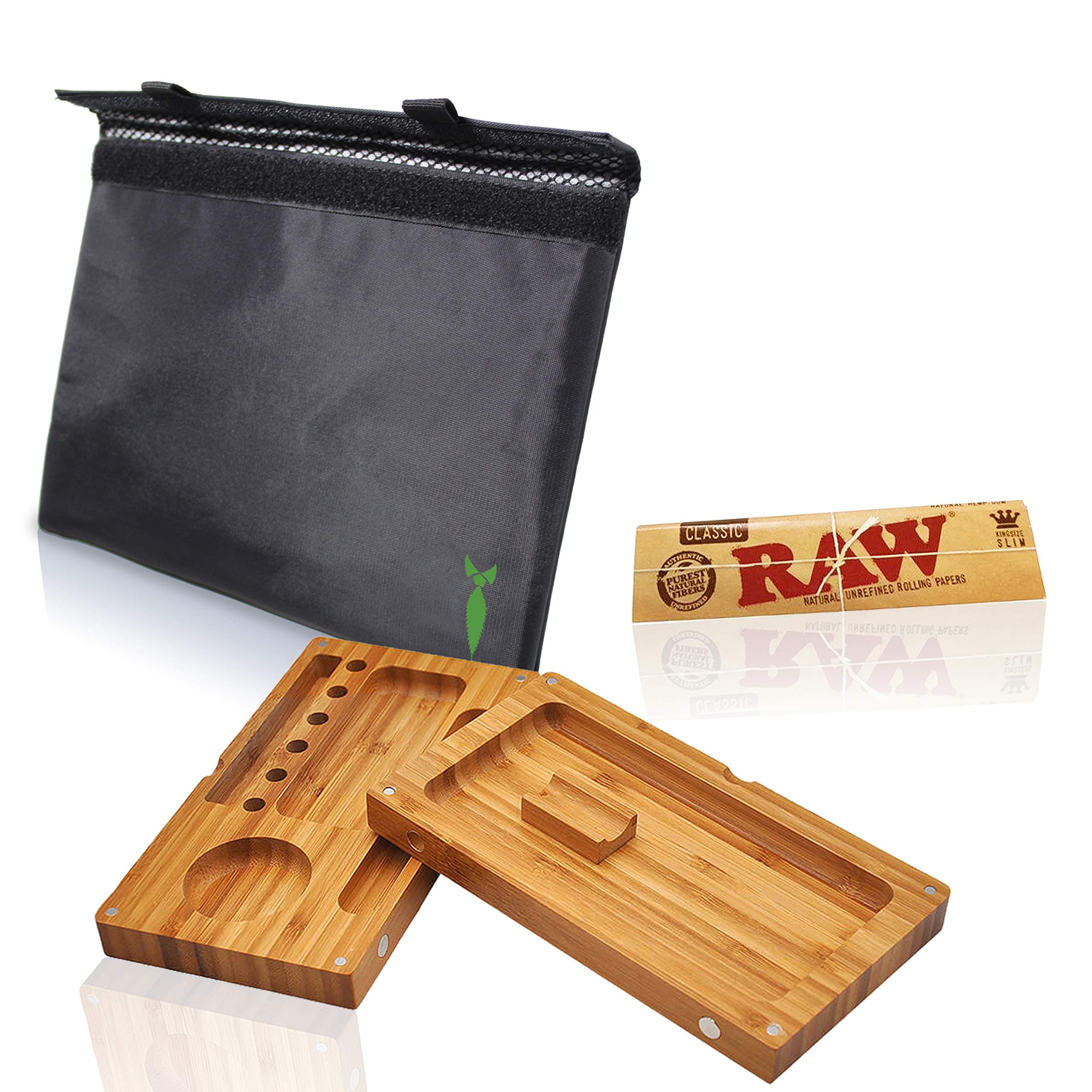 Discreet Kit Large Flip Bamboo Rolling Tray Stash Box Bundle with 11x9 Smell Proof Bag and Papers (Flip Tray)