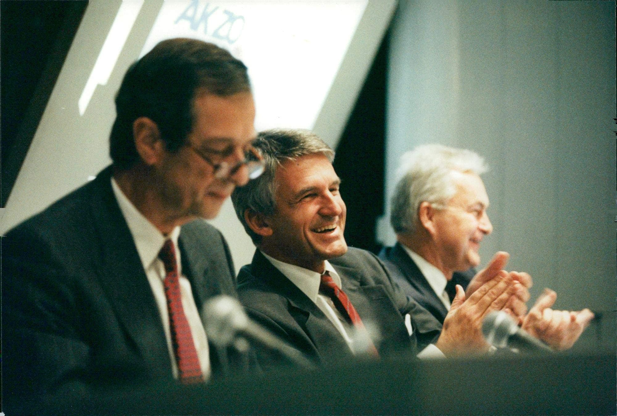 Vintage photo of Bernt E. Magnusson with CJA van Lede at the merger of Nobel and Akzo and Olle Mattsson