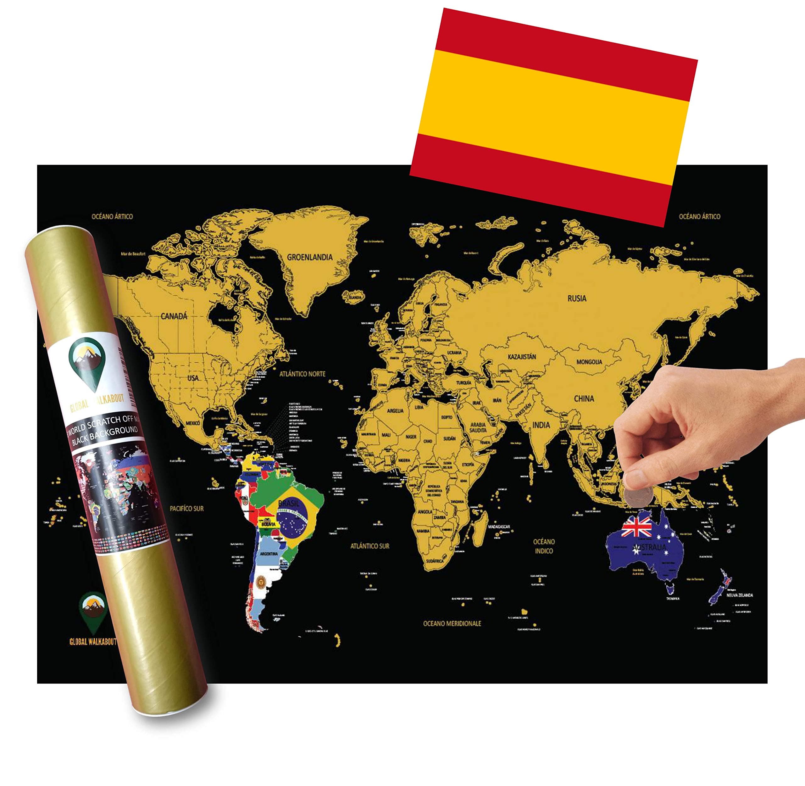 Global Walkabout ESPAÑOL - Mapa Mundi Rascar Con Fondo De Banderas - Cartel De Lujo Del Mapa Mundial - Países Y Hechos - Regalo De Viaje - RECORRIDO MUNDIAL (negro)