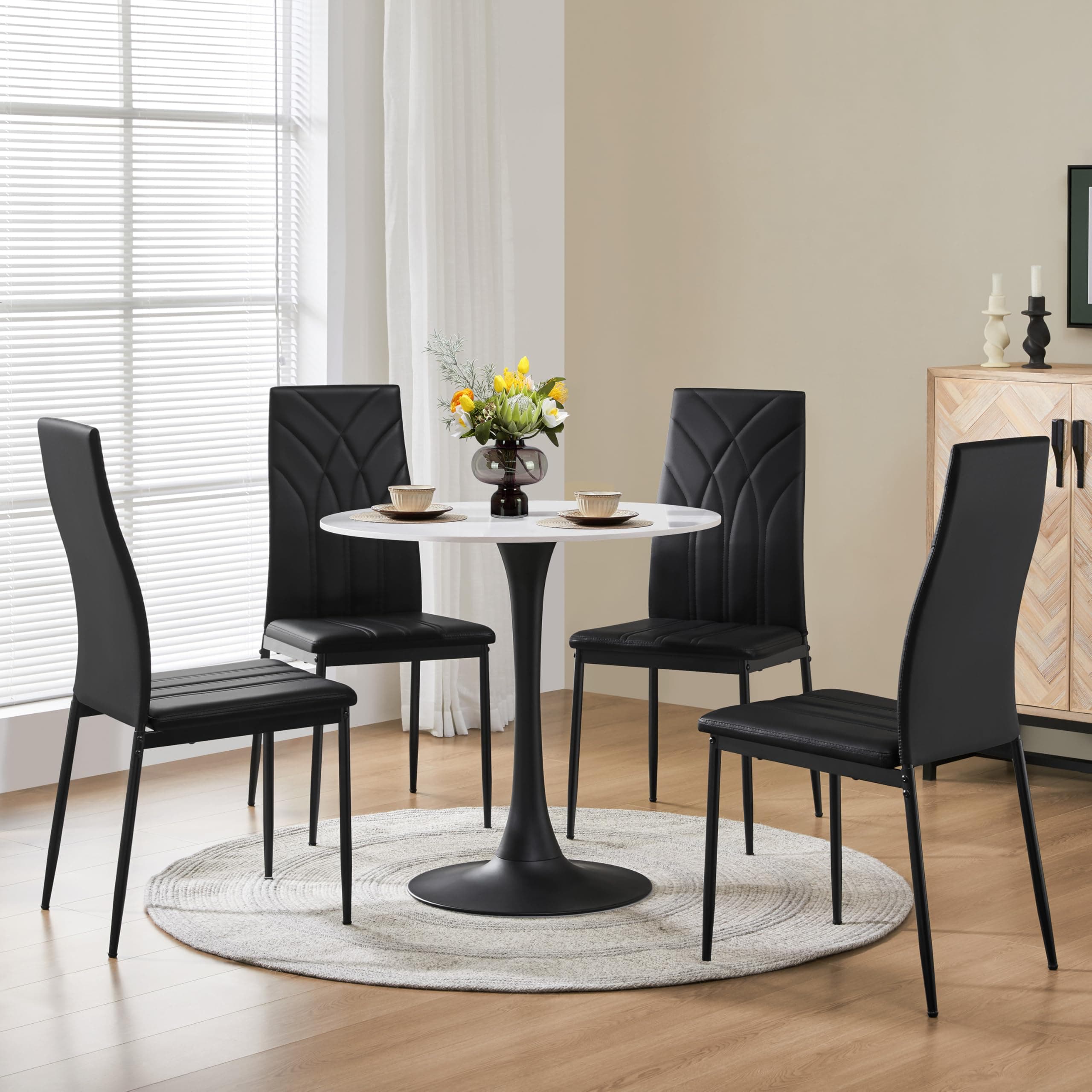 Yaheetech Set of 4 Dining Chairs Modern Dining Room Faux Leather Kitchen Chairs with Petal Accented Back and Sturdy Metal Legs for Dining Room, Kitchen, Black