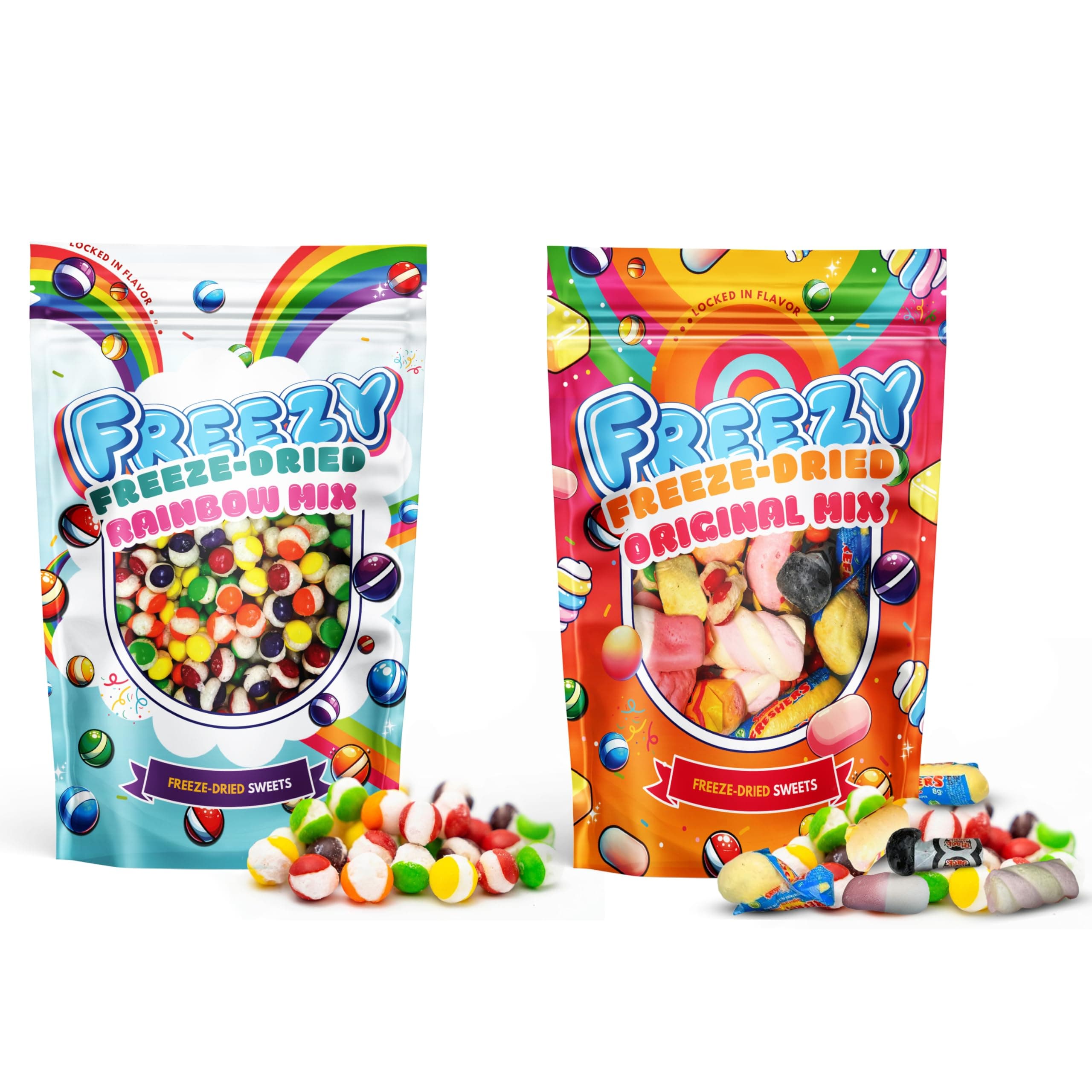 Freezy Freeze Dried Candy Bundle, Pack of 2 (Rainbow Mix + Original Mix) 240 gms Colourful Rainbow Bites, Sour American Crunchy Sweet, Squishes, Blue Jacks & Marshmallow. Perfect for any Celebration