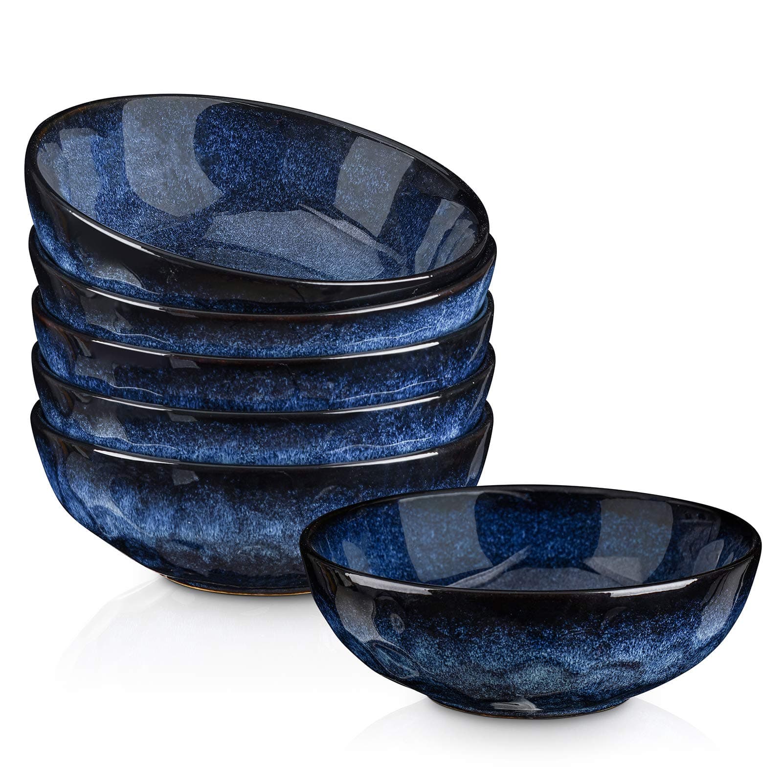 VICRAYS Ceramic Pasta Bowls Set, 27 Ounce Salad Bowls, Large Soup Bowls, Chip Resistant, Dishwasher Microwave Safe, Porcelain Fluted Bowls for Kitchen, Serving Bowls, Set of 6 (Blue)