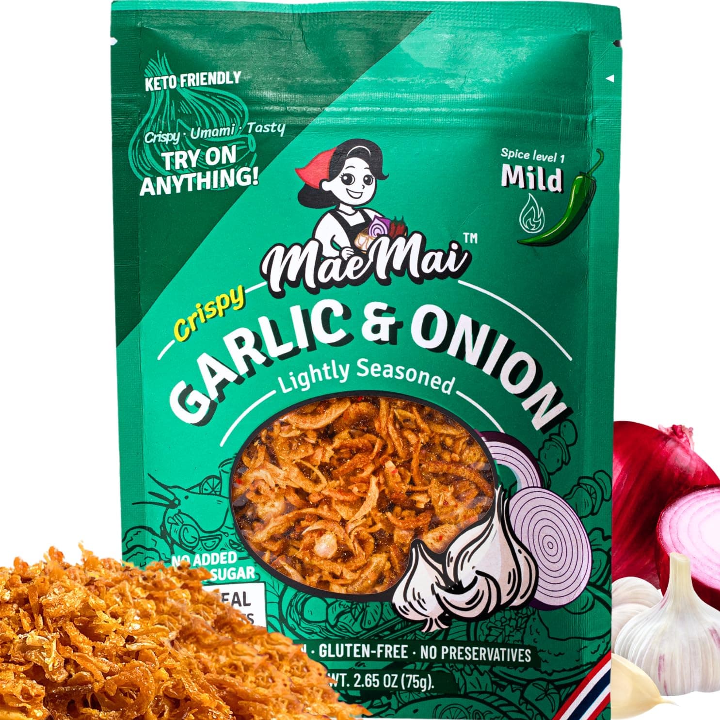 MaeMai MILD Spice - Non-Oily Chili Crisp Topper, Rice Seasoning, Ramen Topper, Furikake | Umami Onion & Garlic Flakes | 2.65oz (75g)