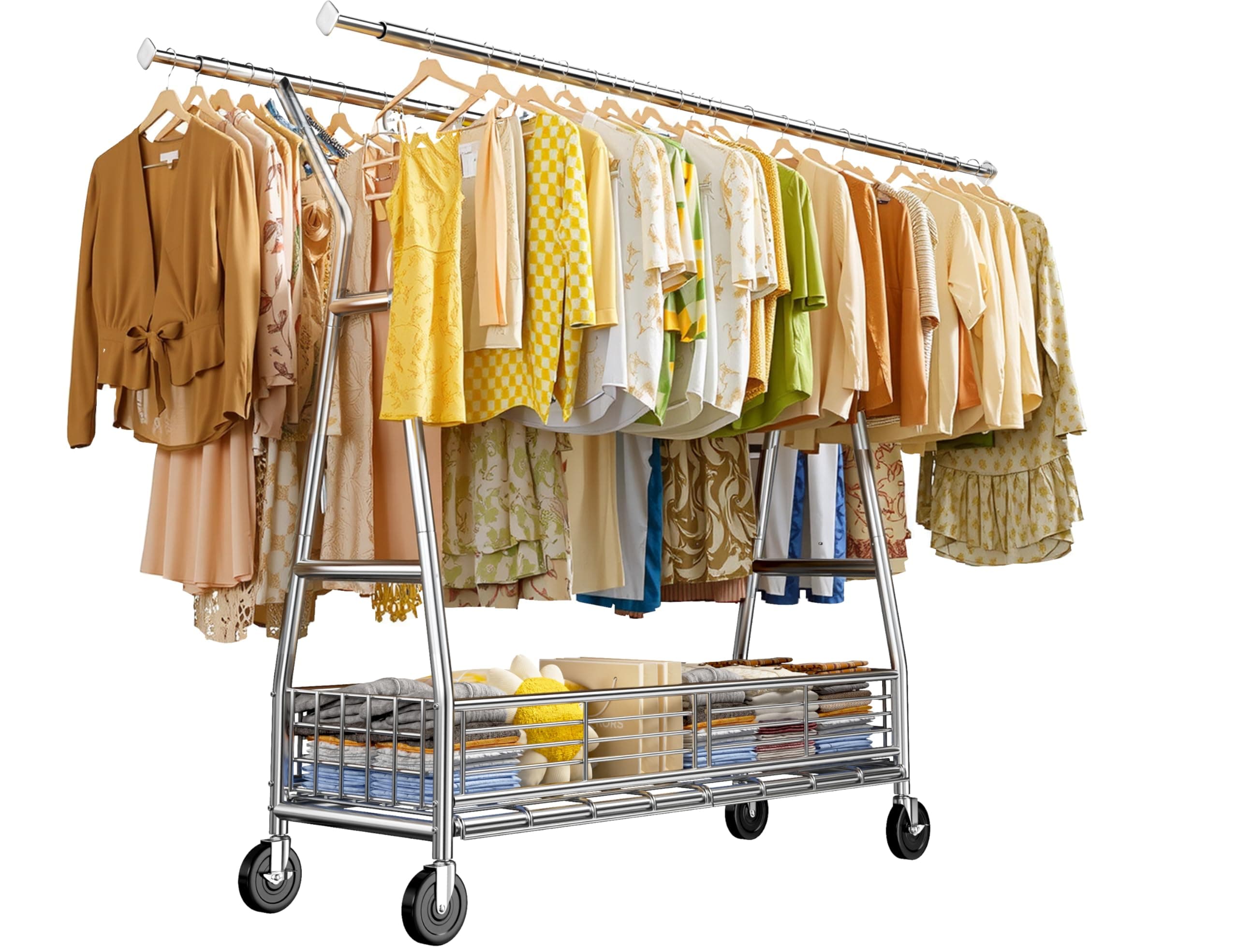 RaybeeHeavy Duty Clothes Rack, 350LBS Clothing Rack with Sturdy Wheels and Shelves, Double Rods Clothing Racks for Hanging Clothes Commercial Portable Adjustable Garment Rack, Chrome