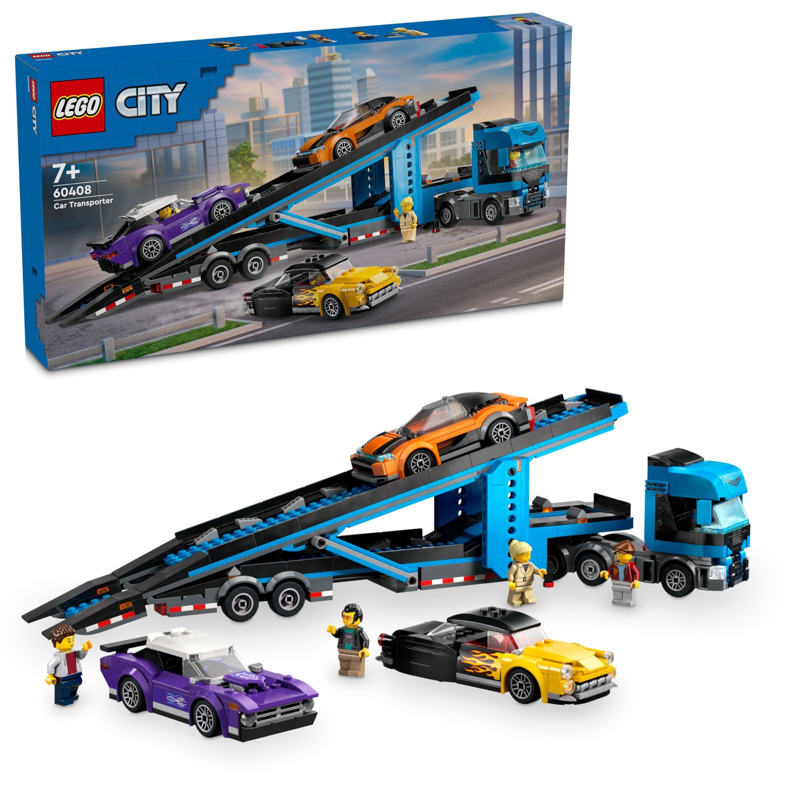 Lego City Sports Car Transport Truck - Set of 4 Vehicles for Children from 7 Years - Party or Birthday Gift for Boys and Girls - 4 Minifigures for Role Play 60408