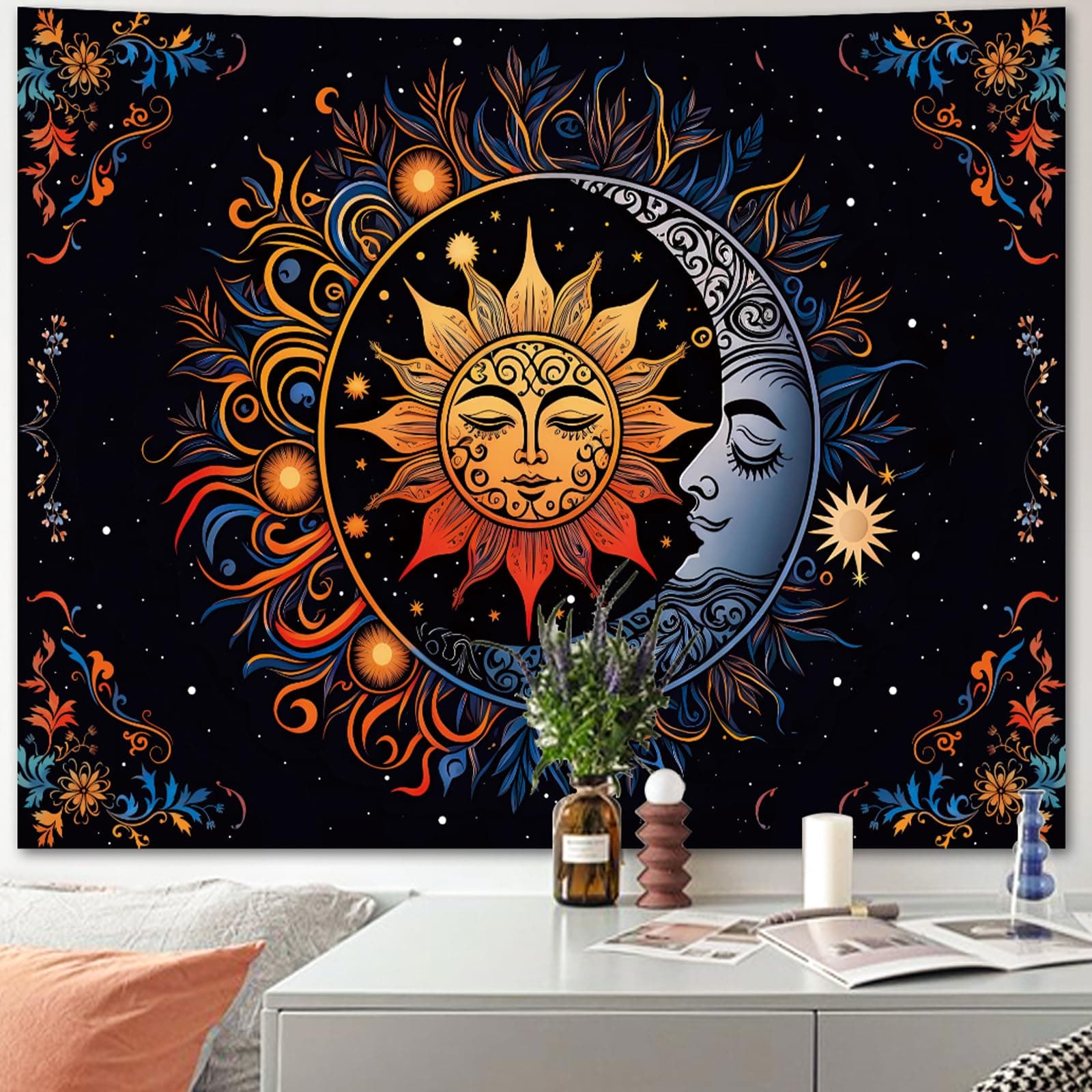 Hippie Sun and Moon Tapestry Wall Hanging for Bedroom Aesthetic, Boho Bohemian Hippy Mystic Floral Tapestries, Mandala Floral Backdrop Decor for Living Room Dorm (51"X60")