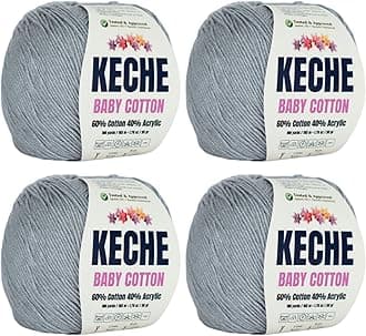 Keche Cotton Yarn, 60% Cotton 40% Acrylic Yarn, Soft Cotton Yarn for Crochet and Knitting, Amigurumi Yarn 4 Skeins/Balls [1.76 Oz (50g) / 180 Yrds (165m)] x 4 - Grey