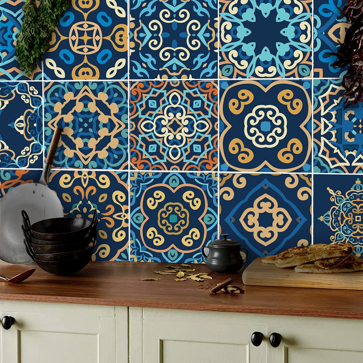 TOARTI Moroccan Tile Stickers for Kitchen, 24pcs 15cm(6) Mandala Tile Stickers for Bathroom, Table Stair Stickers Self-Adhesive, Transfers Vinyl Wall Tile Stickers, Mosaic Mexican Spanish Tile Decals