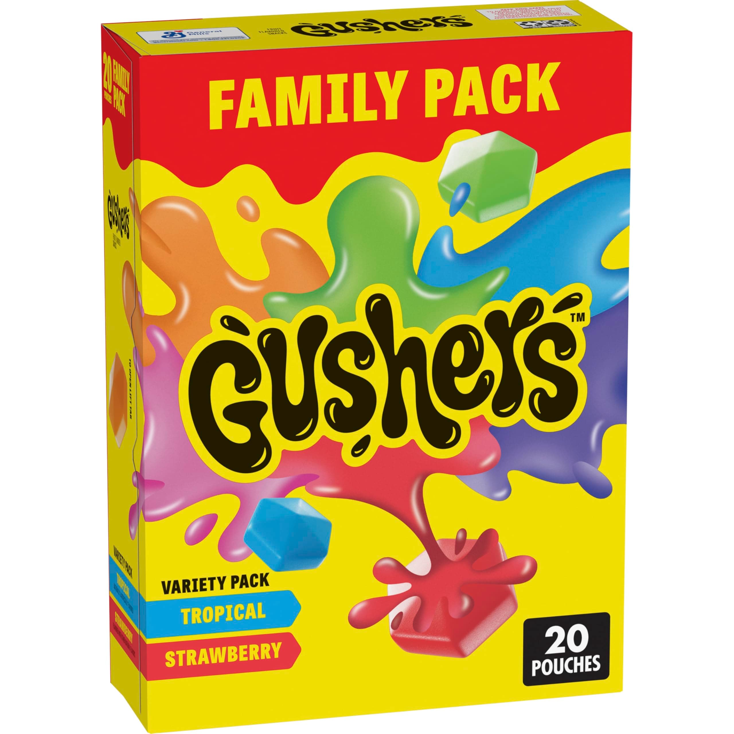 Gushers Fruit Flavored Snacks Family Pack, Tropical & Strawberry Flavors, Gluten Free Gummy Kids Snack, Bursting Juicy Center, Vitamin C Source, Individually Wrapped, Bulk Box, 20 Pouches, 16 oz Total