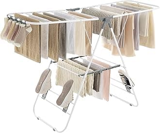 Clothes Airer, Foldable Clothes Drying Rack, Clothes Horse with Height-Adjustable Wings, Free-Standing Laundry Drying Rack, Indoor and Outdoor Use, Steel, White and Grey LLR502G01