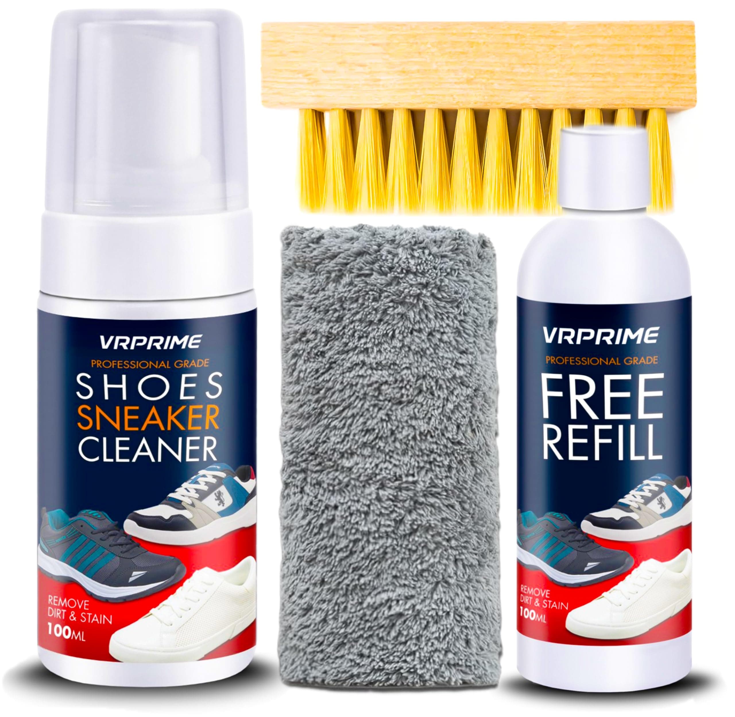 VRPRIME Shoe Sneaker Cleaner for White Shoes | Foam Sneaker Cleaning Kit | Suitable for Nubuck, Canvas, Knit, Trainers & Sports Shoes | With Brush, Microfibre cloth & Refill Bottle