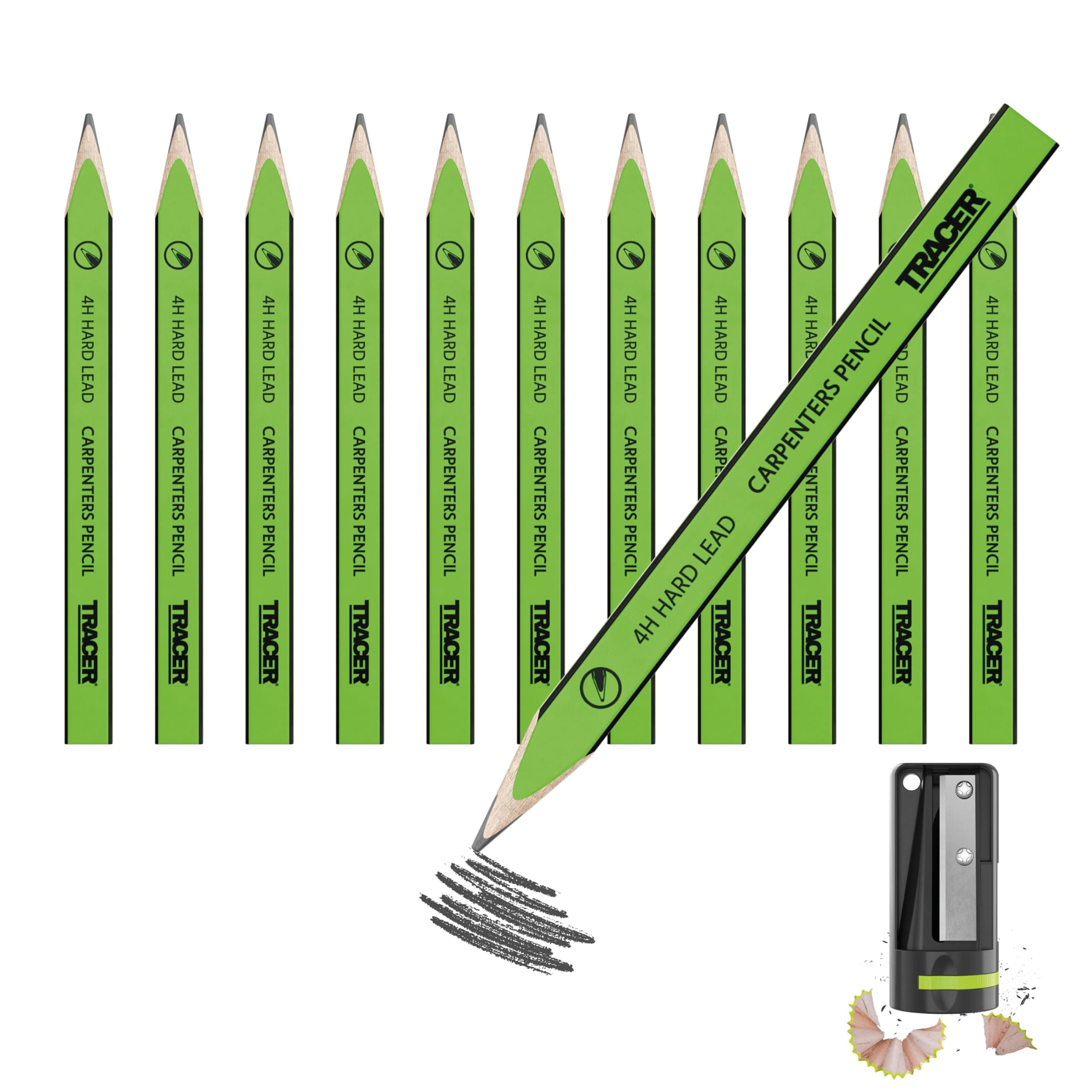 TRACER 4H Carpenters Pencils (Hard Lead) 10 Pack with Carpenters Pencil Sharpener. Carpenters Pencil x 10