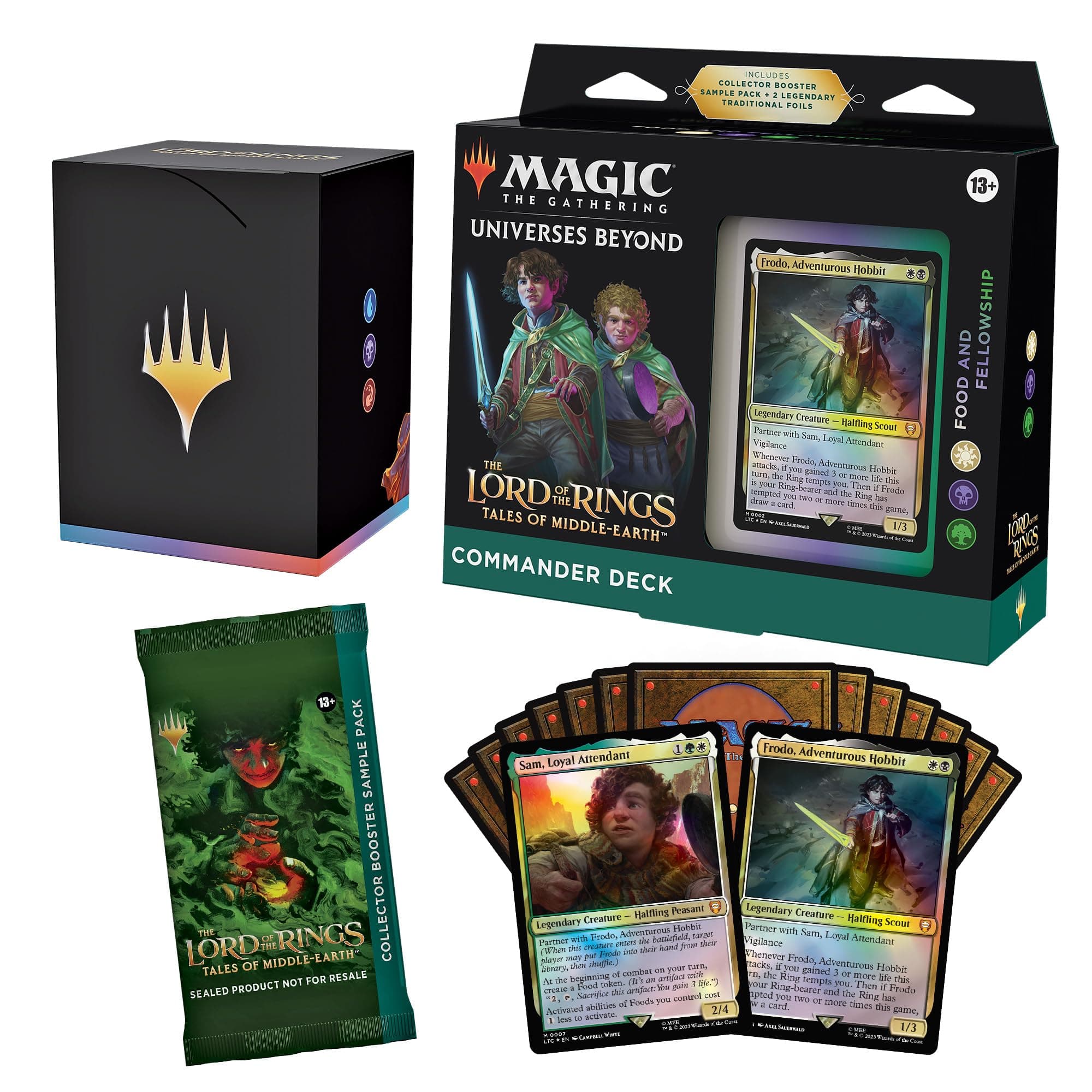The Lord of the Rings: Tales of Middle-earth Commander Deck - Food & Fellowship (100-Card Deck, 2-Card Collector Booster Sample Pack + Accessories)