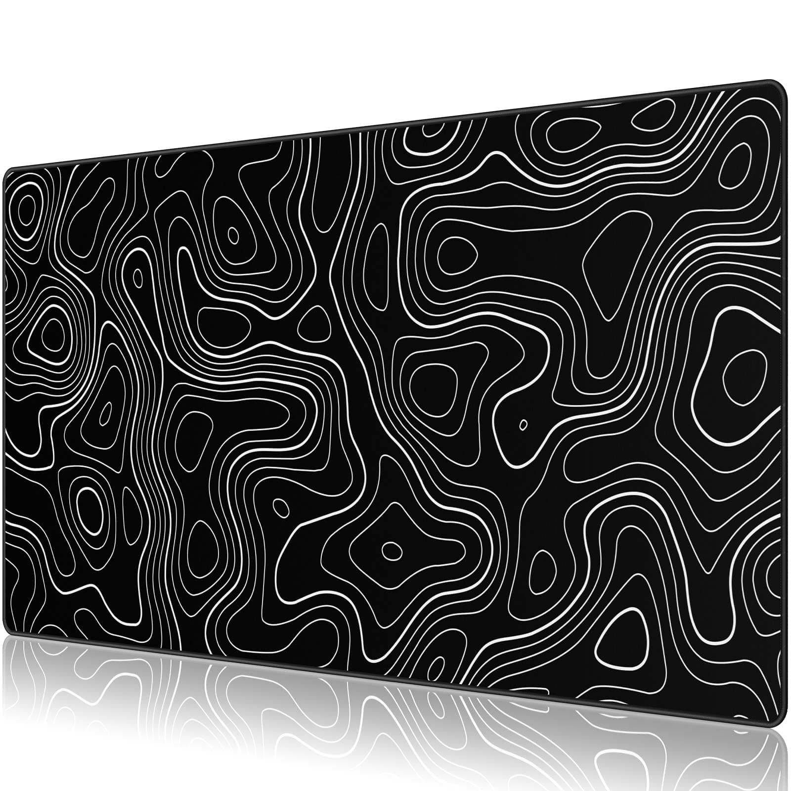 Large Gmaing Mouse Pad with Stitched Edges, Superior Micro-Weave Cloth, Non-Slip Base, Size 35.4 X 15.7X 0.12inches - Black Topographic Contour