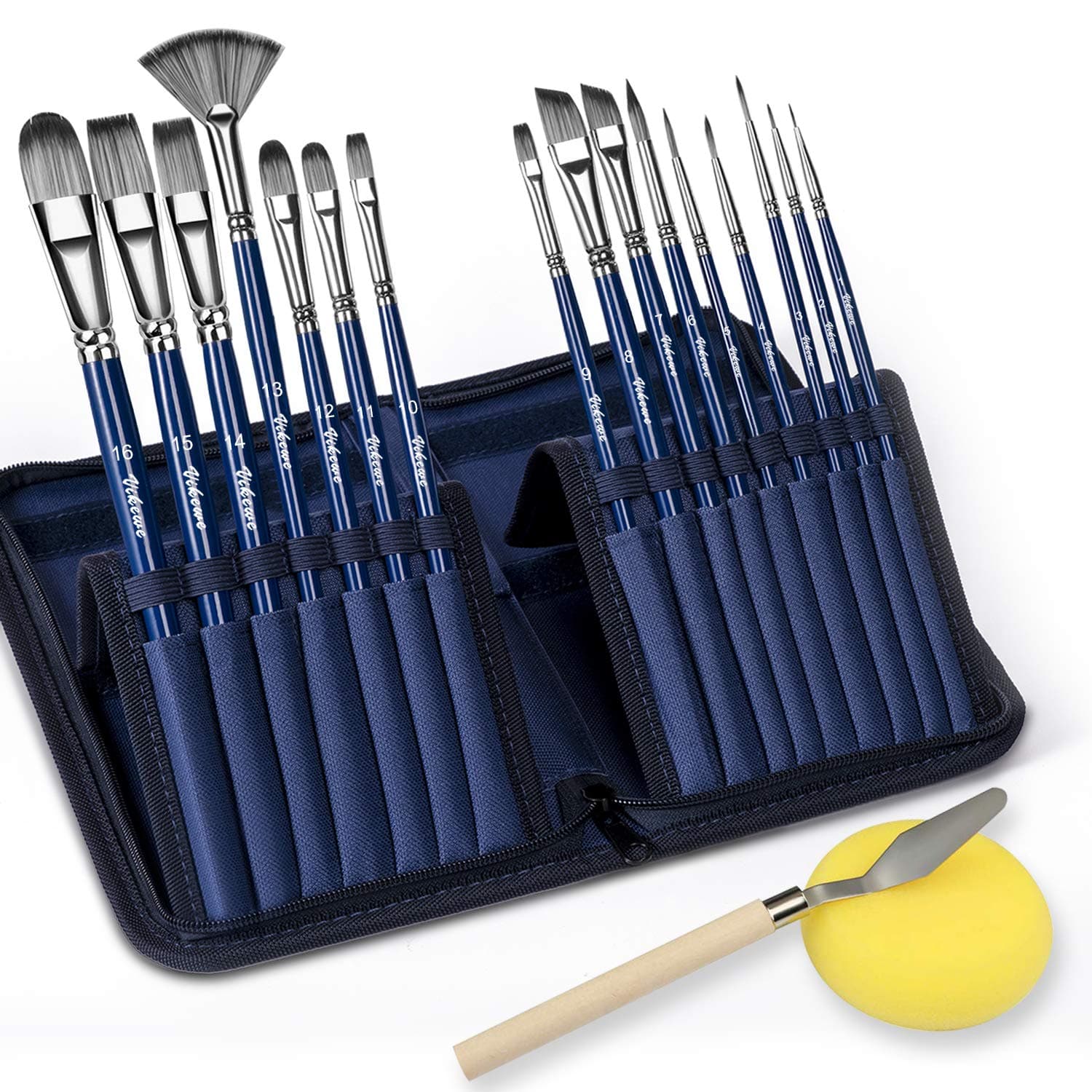 Artist Paint Brush Set - VIKEWE 16 Different Sizes Paint Brushes with Oil Painting Knife and Sponge, Suitable for Acrylic, Watercolor, Oil and Gouache Painting, Perfect for Artists Kids - Blue
