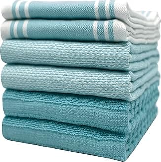 Premium Kitchen Towels (20”x 28”, 50 x 70 cm, 6 Pack) – Large Cotton Kitchen Hand Towels – Vintage Striped Flat & Terry Towel – Highly Absorbent Tea Towels Set With Hanging Loop – Aqua