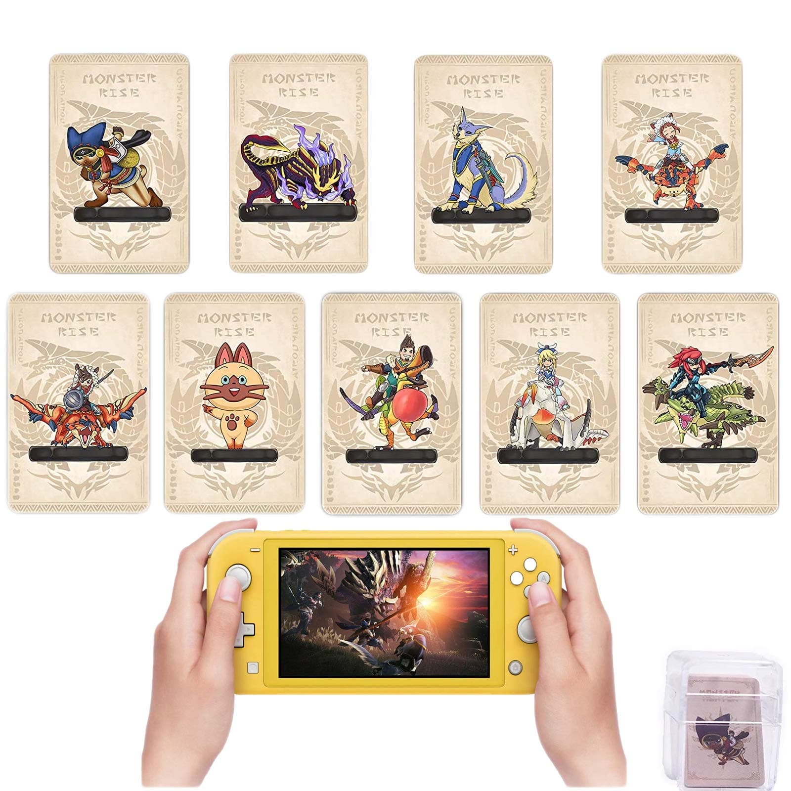 Monster Hunter Rise Amiibo Cards MH Rise NFC Mini Card with Case Compatible with Switch / Switch Lite, 9 Pcs