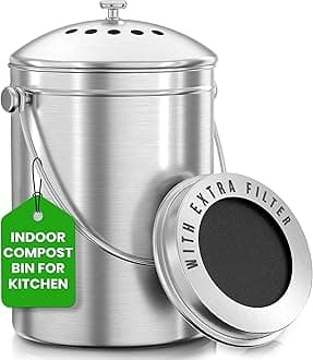Utopia Kitchen Compost Bin for Kitchen Countertop, 1 Gallon Compost Bucket for Kitchen with Lid, Includes 1 Spare Charcoal Filter (Silver)