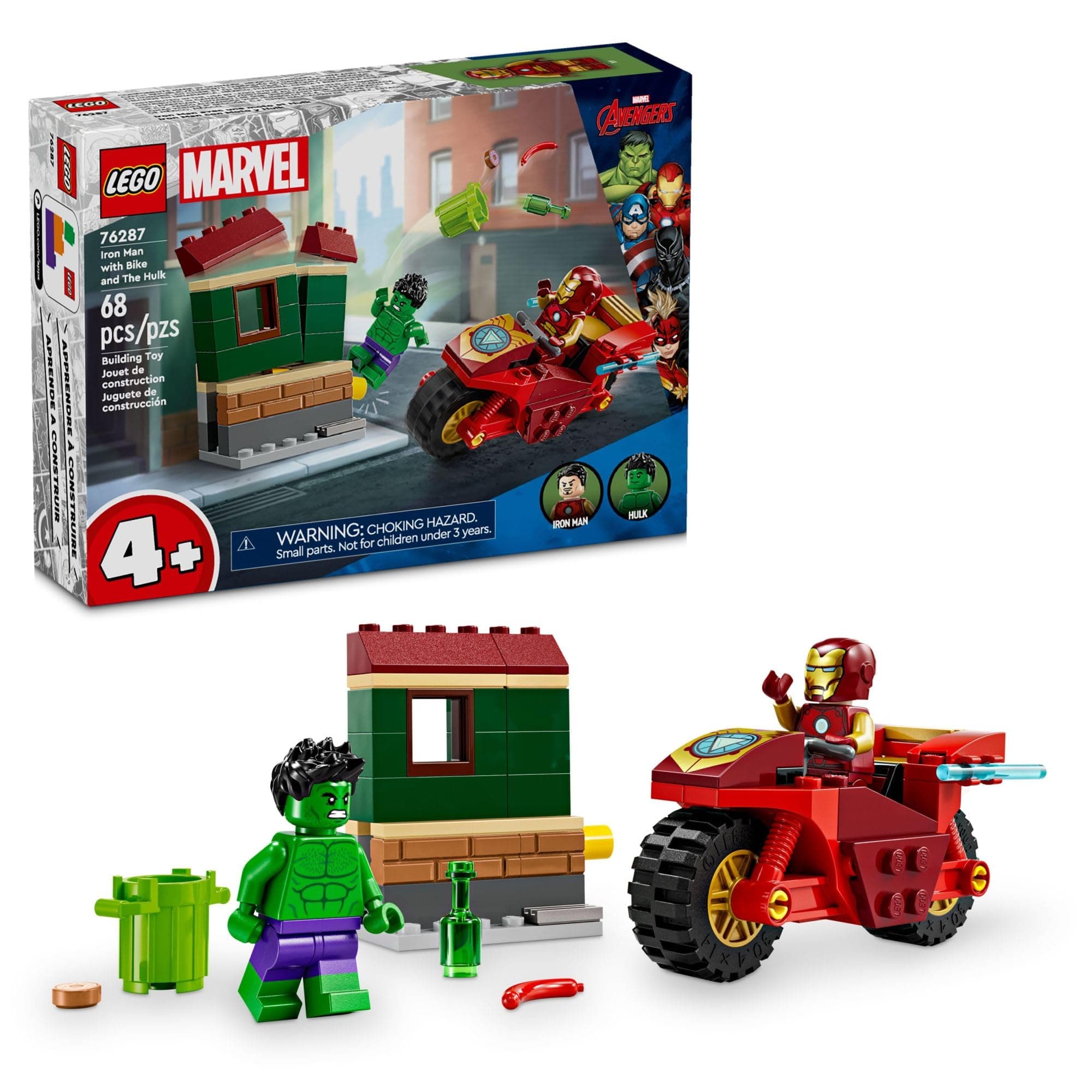Marvel Iron Man with Bike and The Hulk Building Set, Easy Build Marvel Toy for Kids, Collectible Playset with Motorcycle Toy and 2 Minifigures, Great Gift for Boys and Girls Ages 4 and Up, 76287