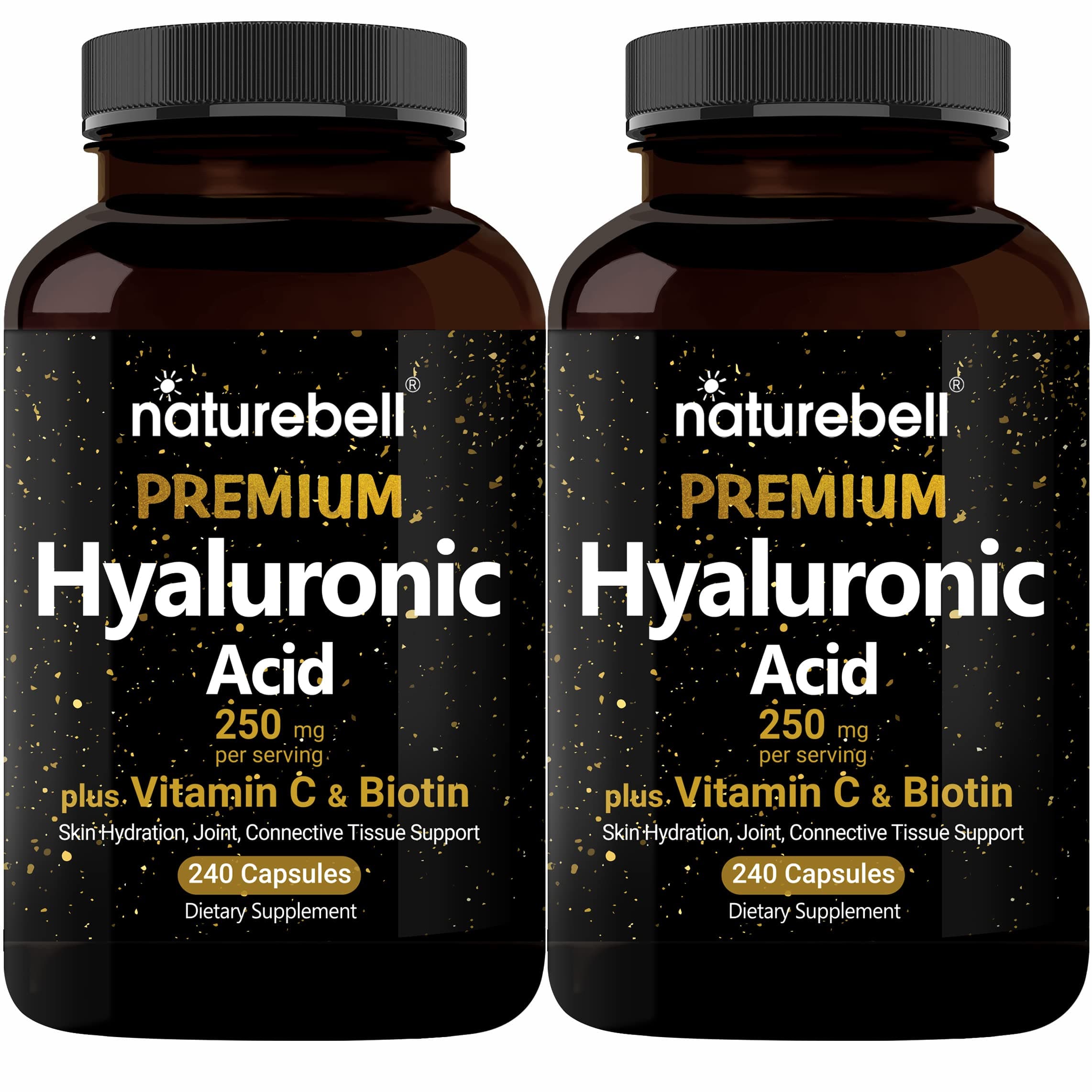 2 Pack Plant Based Hyaluronic Acid Supplements 250mg with 25mg Vitamin C & Biotin 5000mcg, 480 Total Capsules | Essential for Hair Growth, Joint Support, & Hydrating Skin | Non-GMO