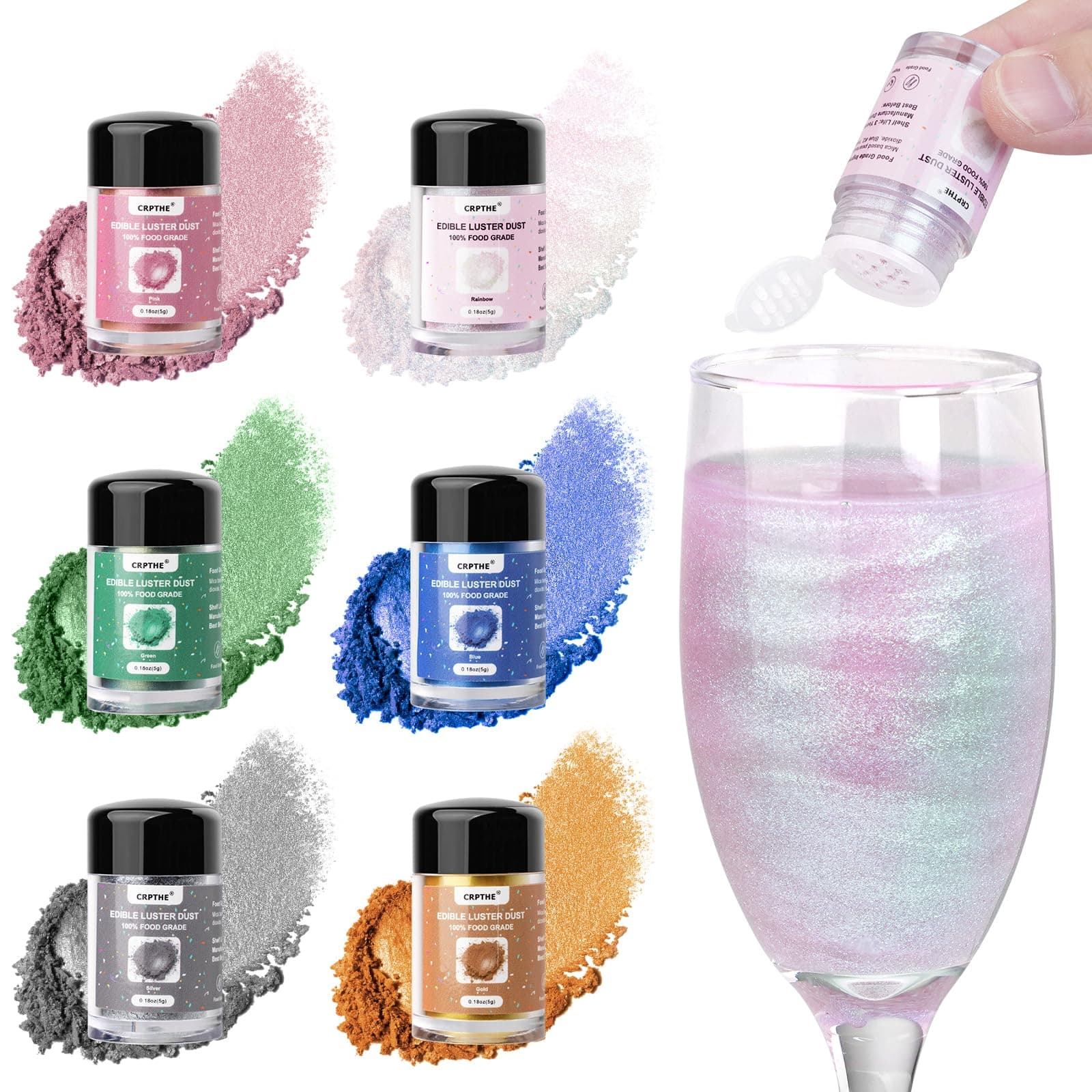 6 Colors Luster Dust Edible Set, Edible Glitter for Cocktails, Food Grade Glitter Shimmer Sprinkle Powder for Drinks, Baking, Beverages, Cakes, Strawberries, Cookies, Fondant, Vegan(5g/Bottle)