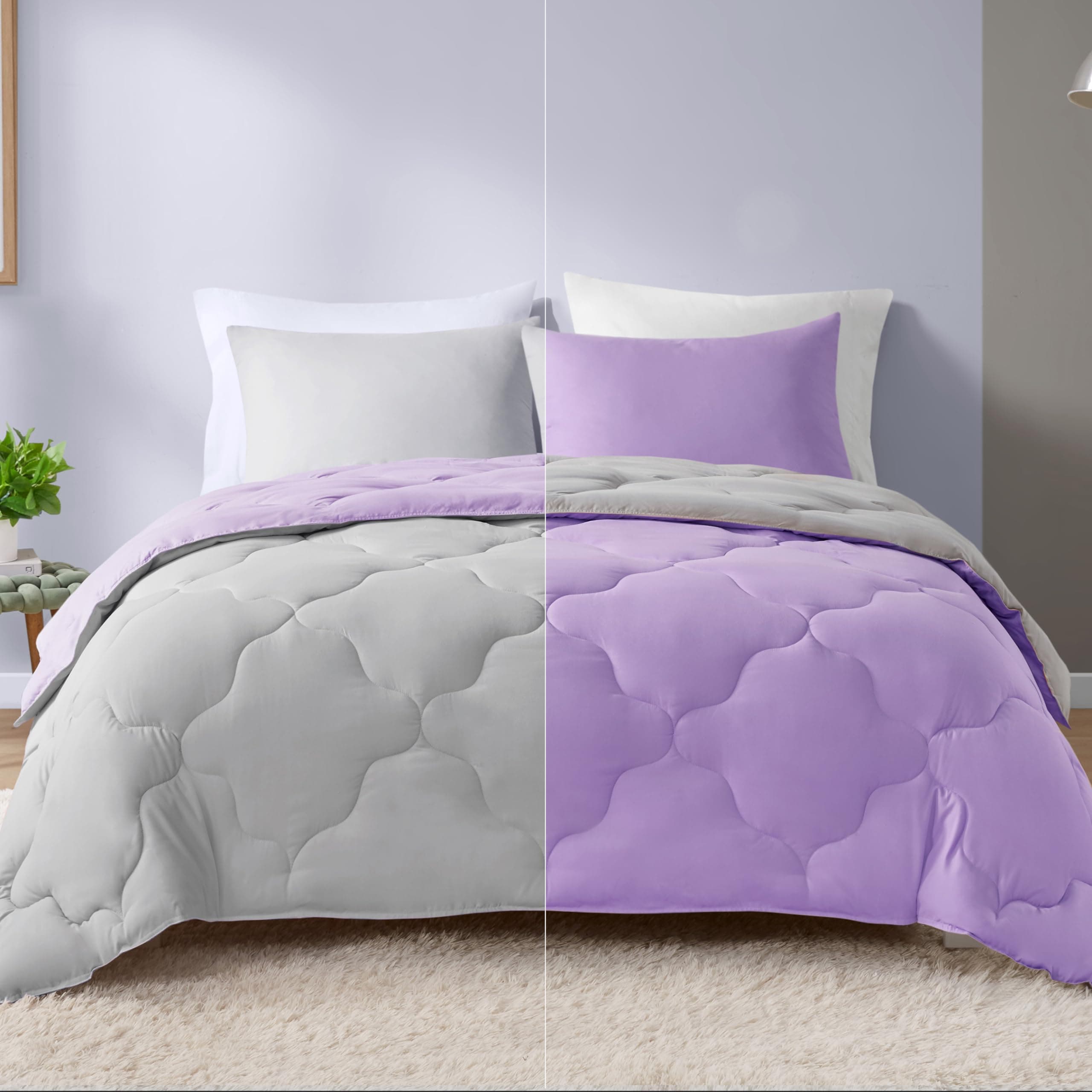 Vixie Reversible Comforter Set - Trendy Casual Geometric Quilted Cover, All Season Down Alternative Cozy Bedding, Matching Sham, Lavender/Gray, Full/Queen 3 piece