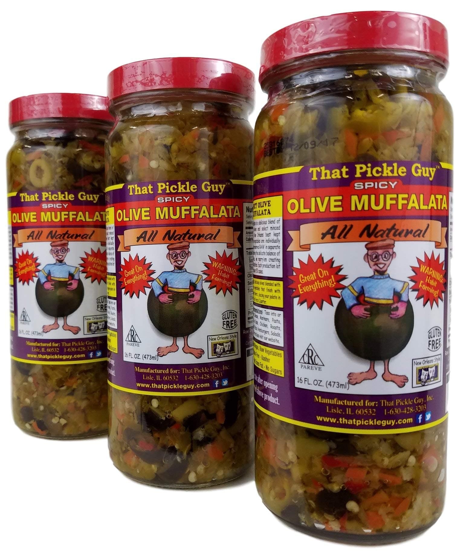 Spicy All Natural New Orleans Style Olive Muffalata (16 oz) (3 Jars)